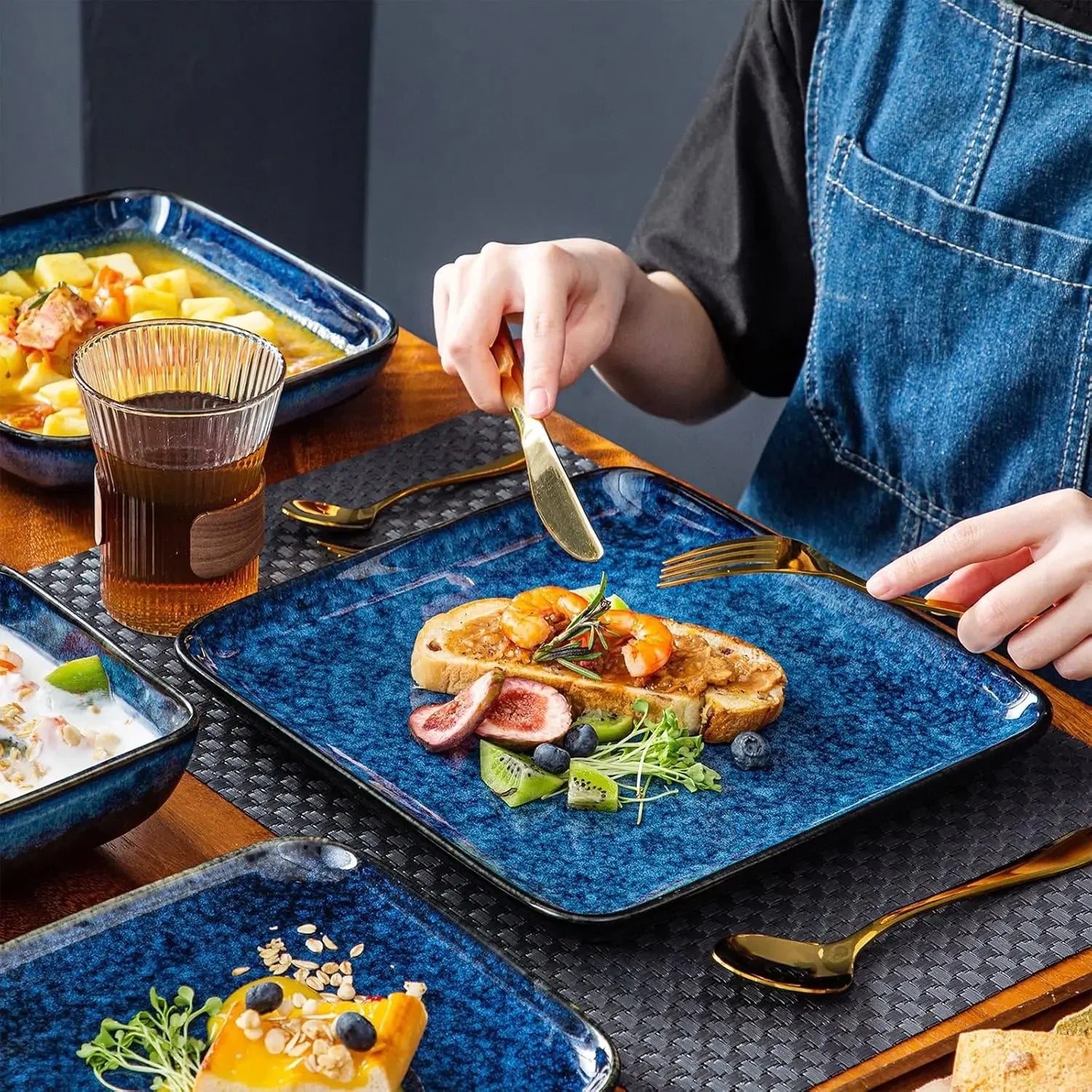 Stern Blue Square Dinnerware Set 16 Pieces Kitchen  Stoneware