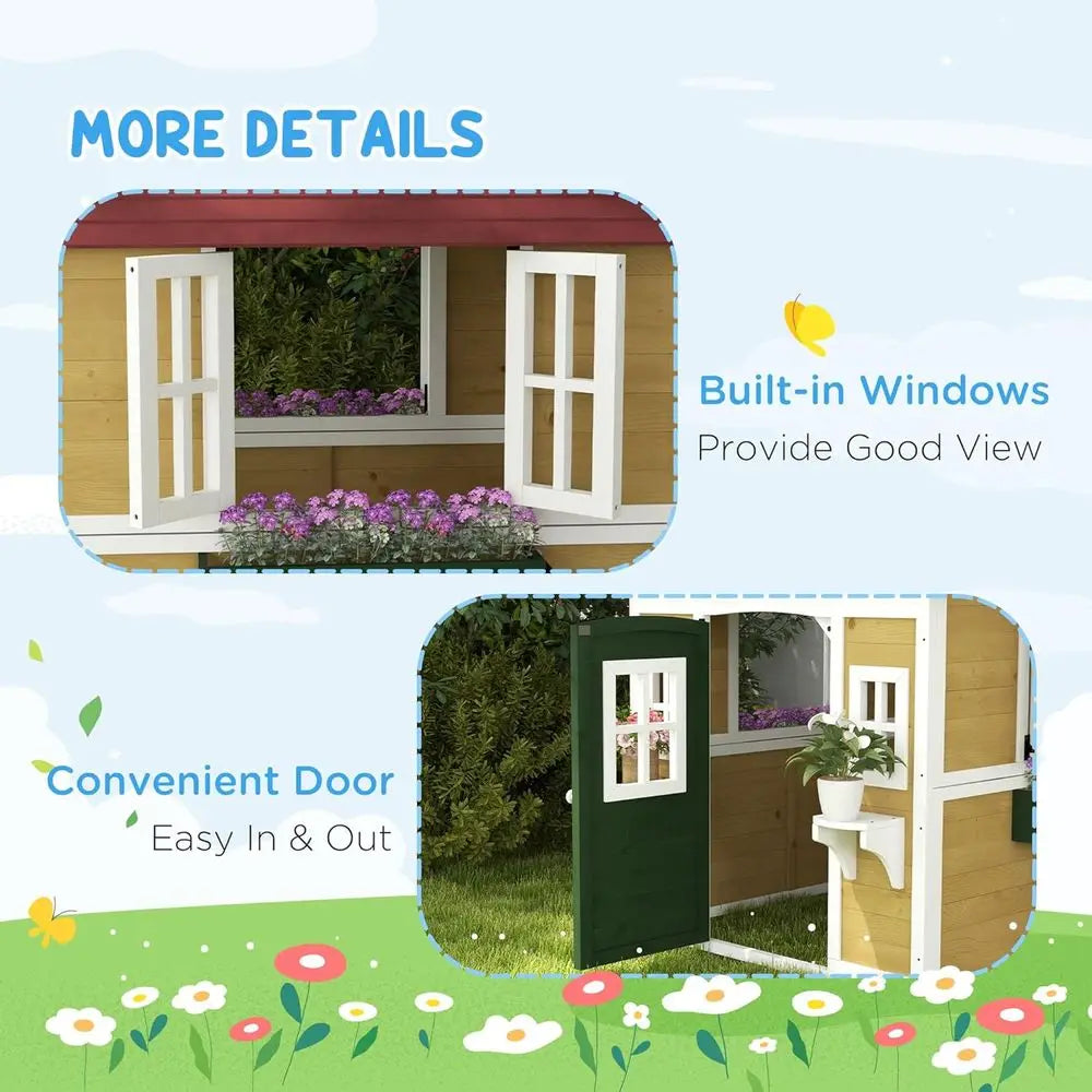 Children's Wooden Playhouse with Doors, Windows, and Planters,