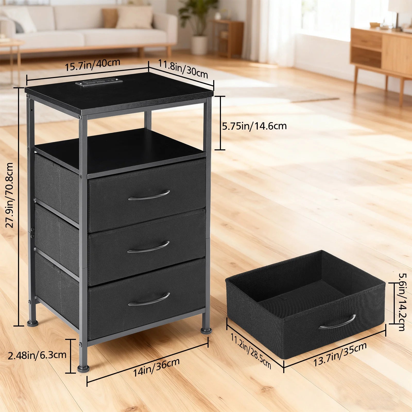3 =Drawer Fabric Nightstand with Charging Station, USB-C Ports & Outlets