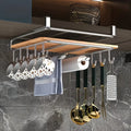 Stainless Steel Hanging Kitchen Storage Rack with Hooks Paper Towel,  Utensils Holder Cutting Board Shelf
