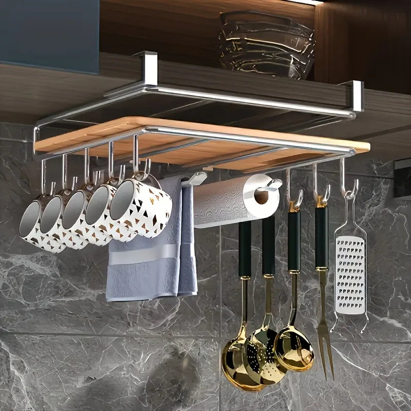 Stainless Steel Hanging Kitchen Storage Rack with Hooks Paper Towel,  Utensils Holder Cutting Board Shelf