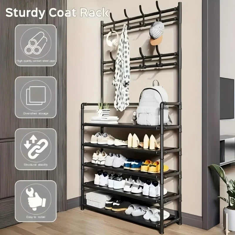 5 Tier Free standing Shoe Rack with Coat & Hat Hooks - Multi-Functional Entryway Storage Organizer