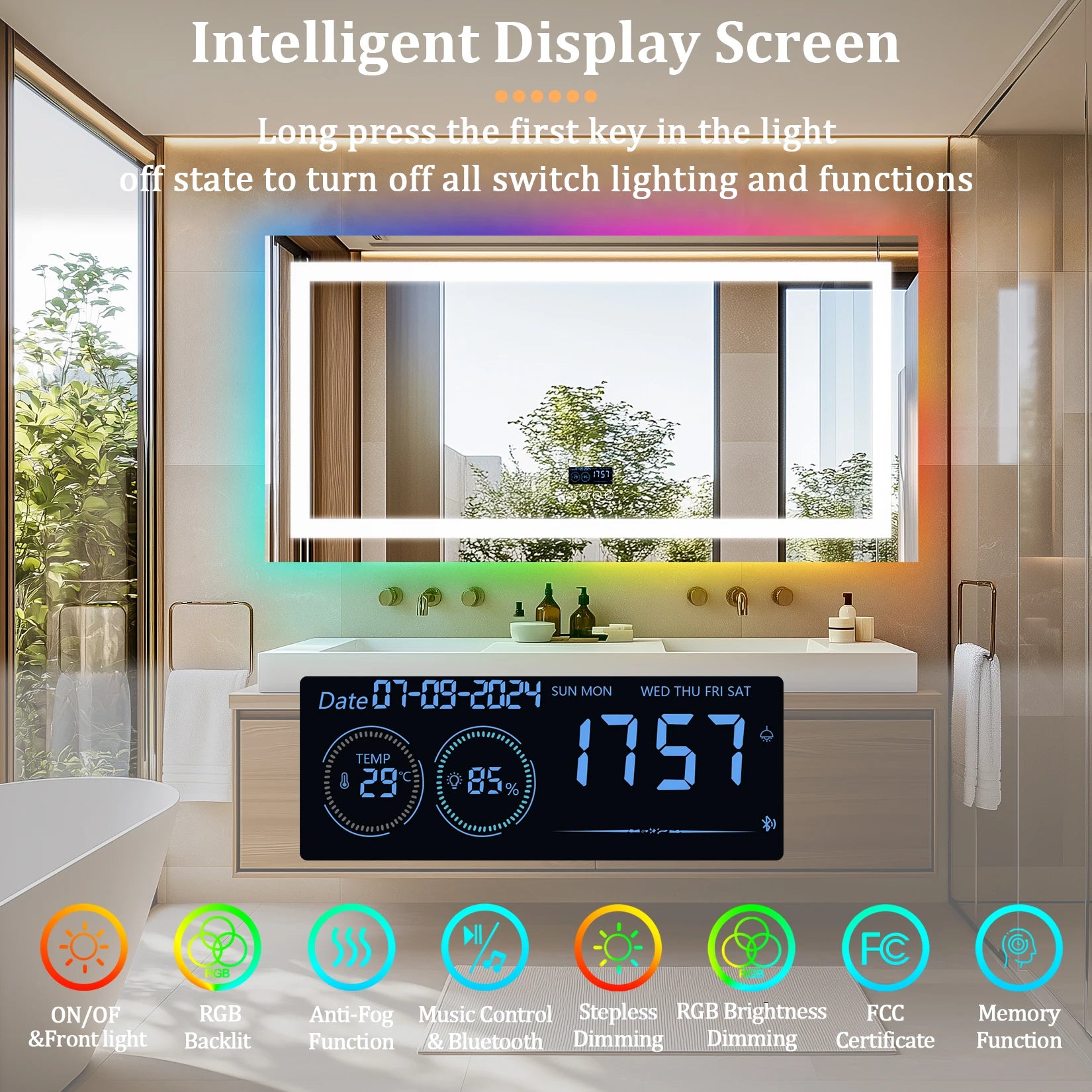 Rectangular LED Bathroom Mirror, Front-lit, RGB Backlight, Touch Antifog  with Date and Time Bluetooth Speaker