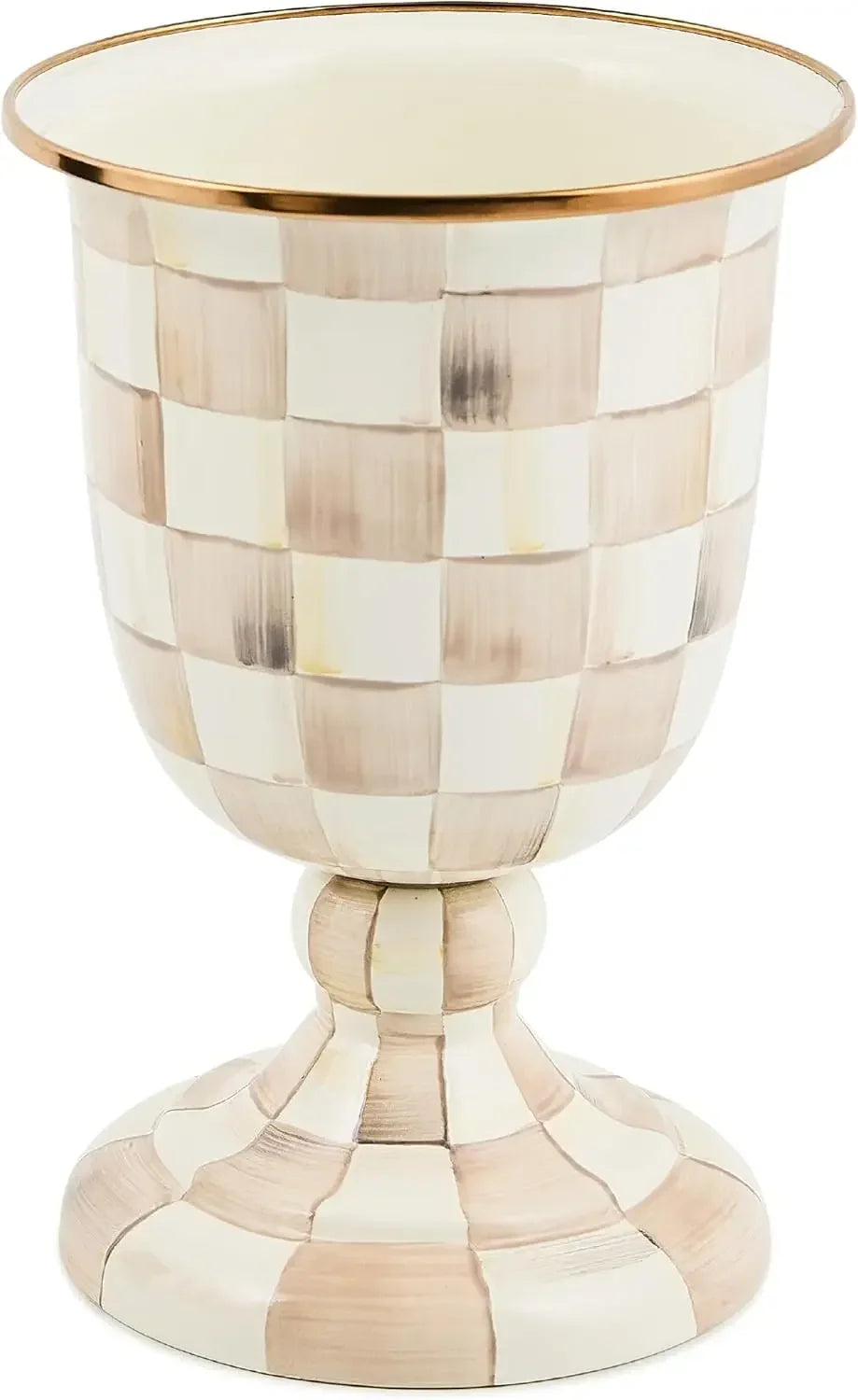 Mocha Check Brown White Pedestal Vase  Centerpiece Flower Holder