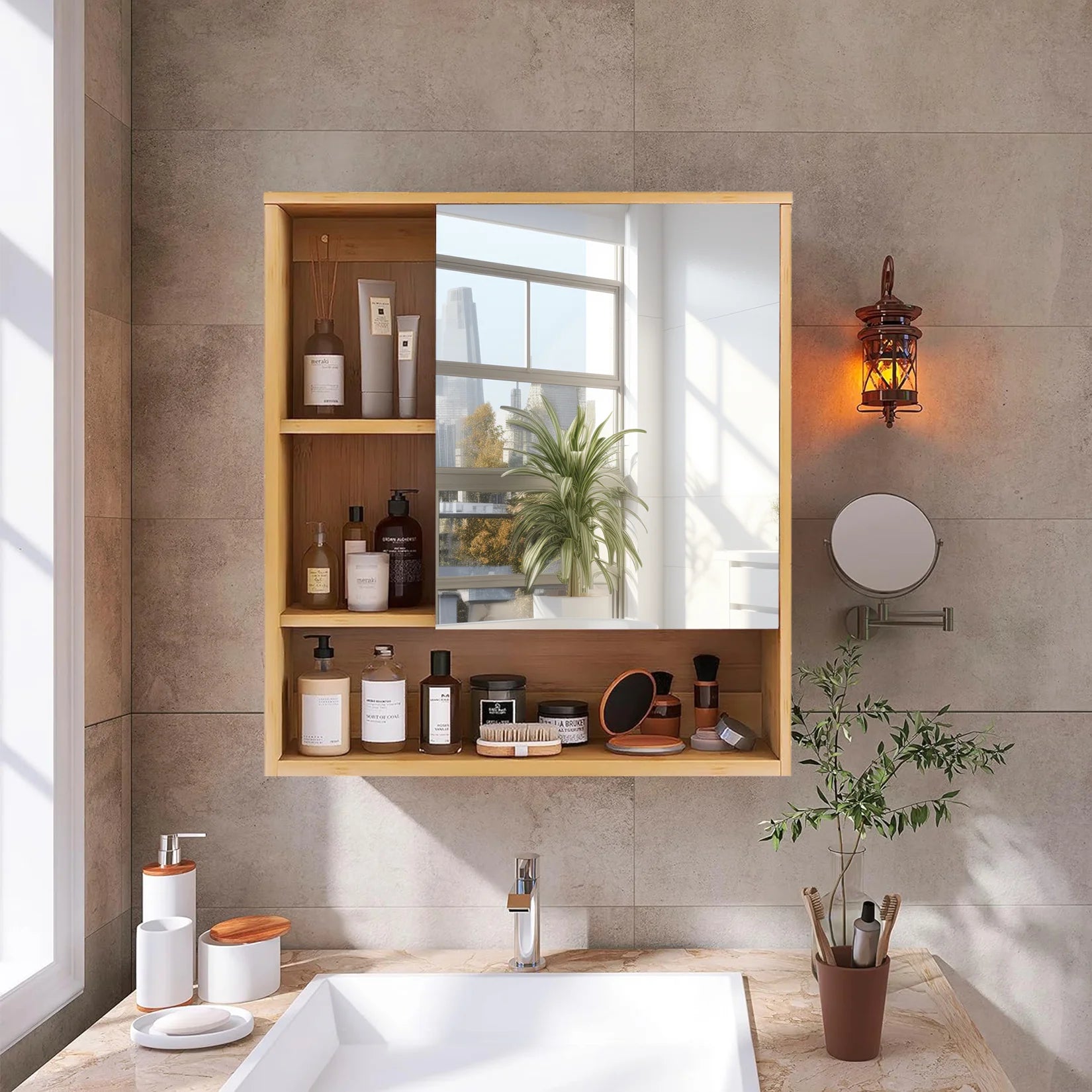 Natural Bamboo Bathroom  Medicine Cabinet with Mirror & 5 Open-Shelves