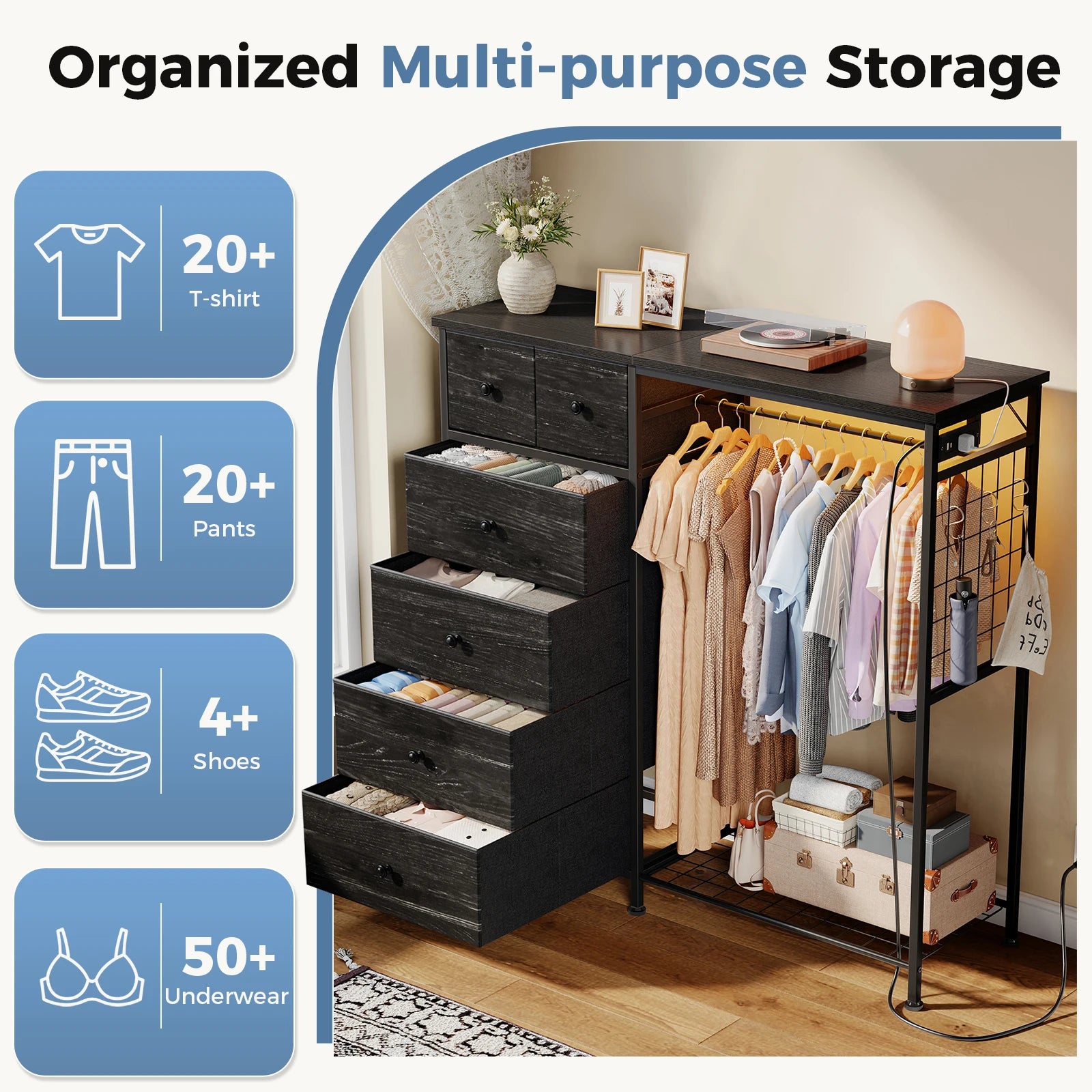 6 Drawer Fabric Dresser with Hanging Rack, Charging Station and LED Lights