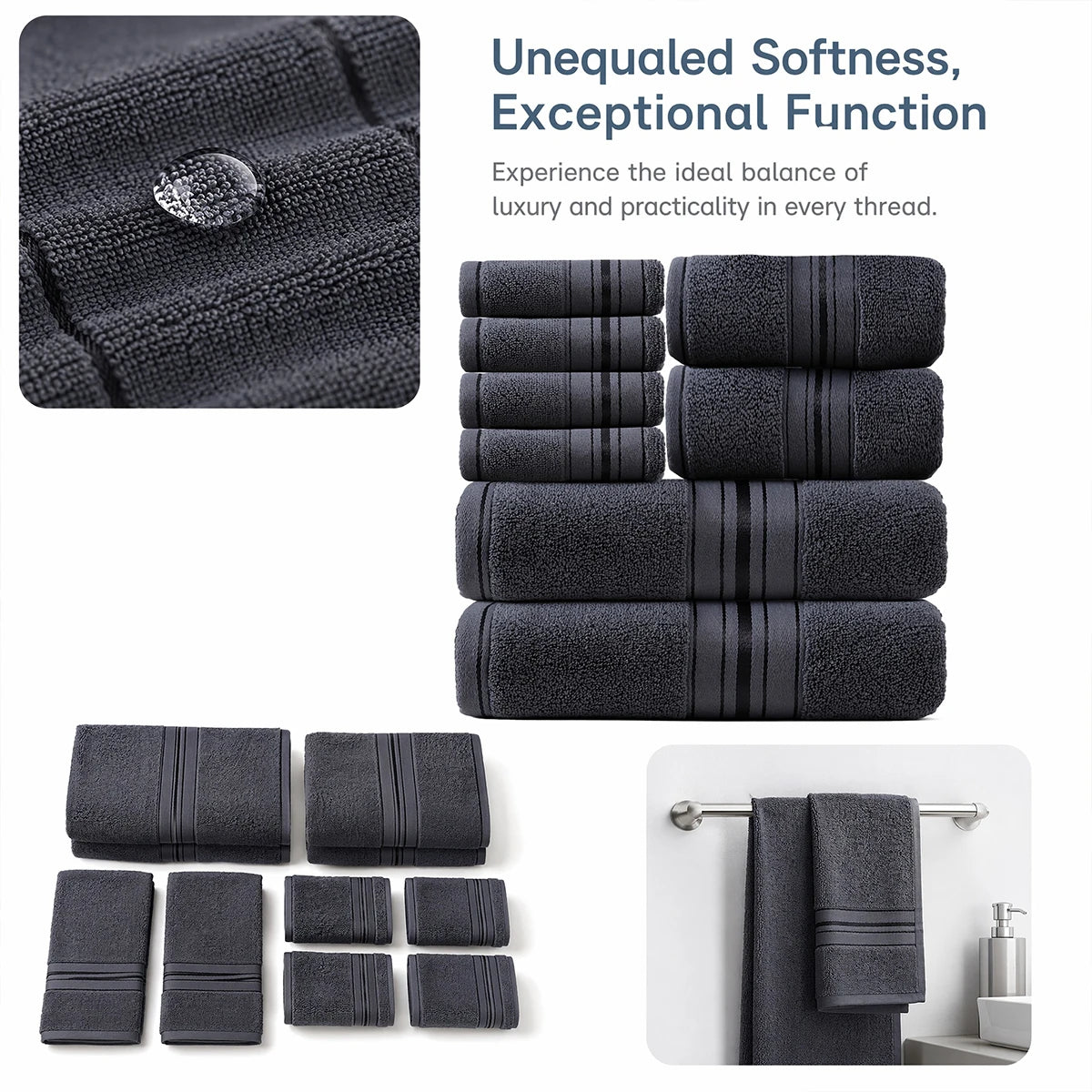 8 Piece Luxury Plush Towel Set, Super Absorbent, Quick Dry, 100% Ring-Spun Cotton, Bath, Hand & Washcloths