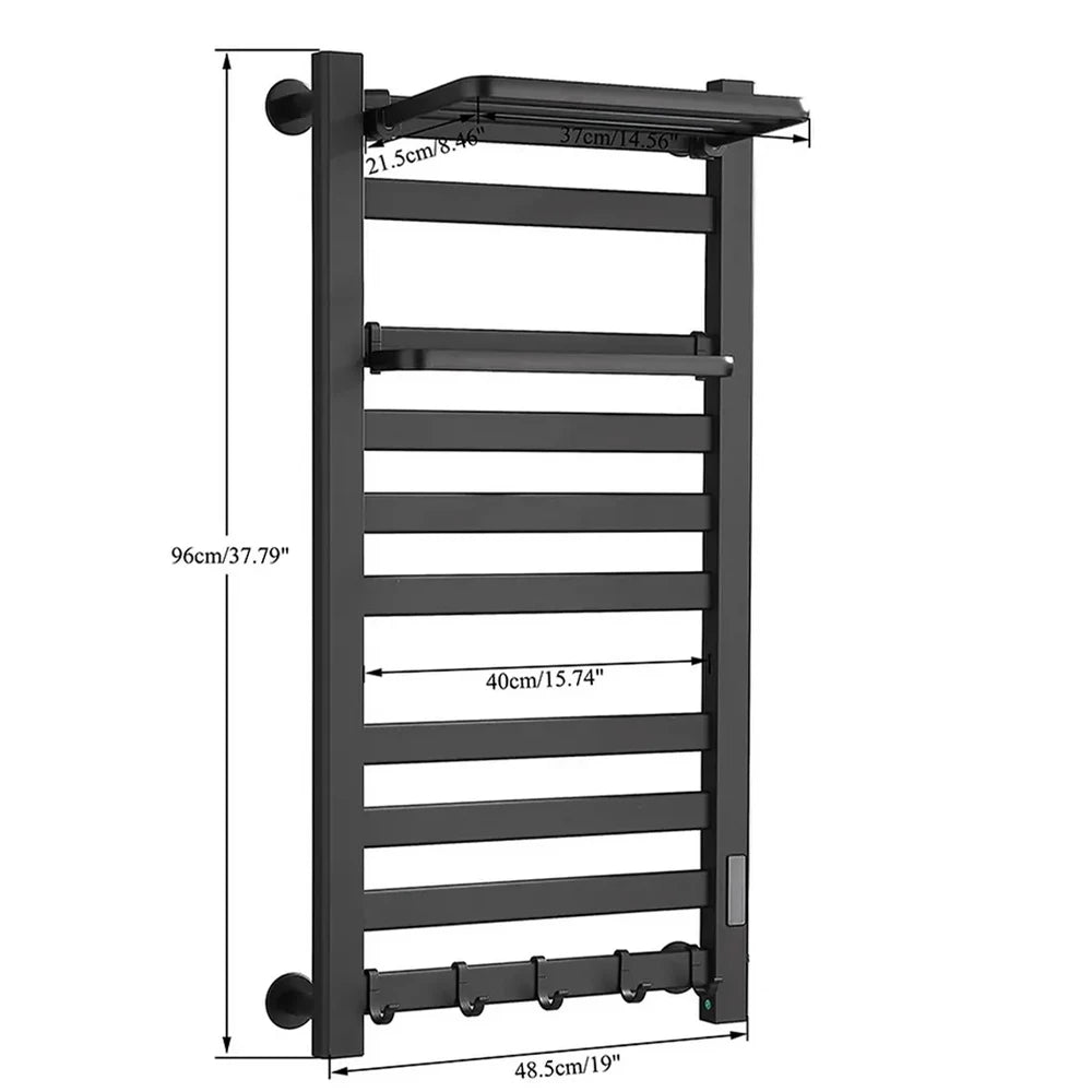 Black Heated Towel Rack, 304 Stainless Steel, Touch Digital Display & Thermostatic Dryer