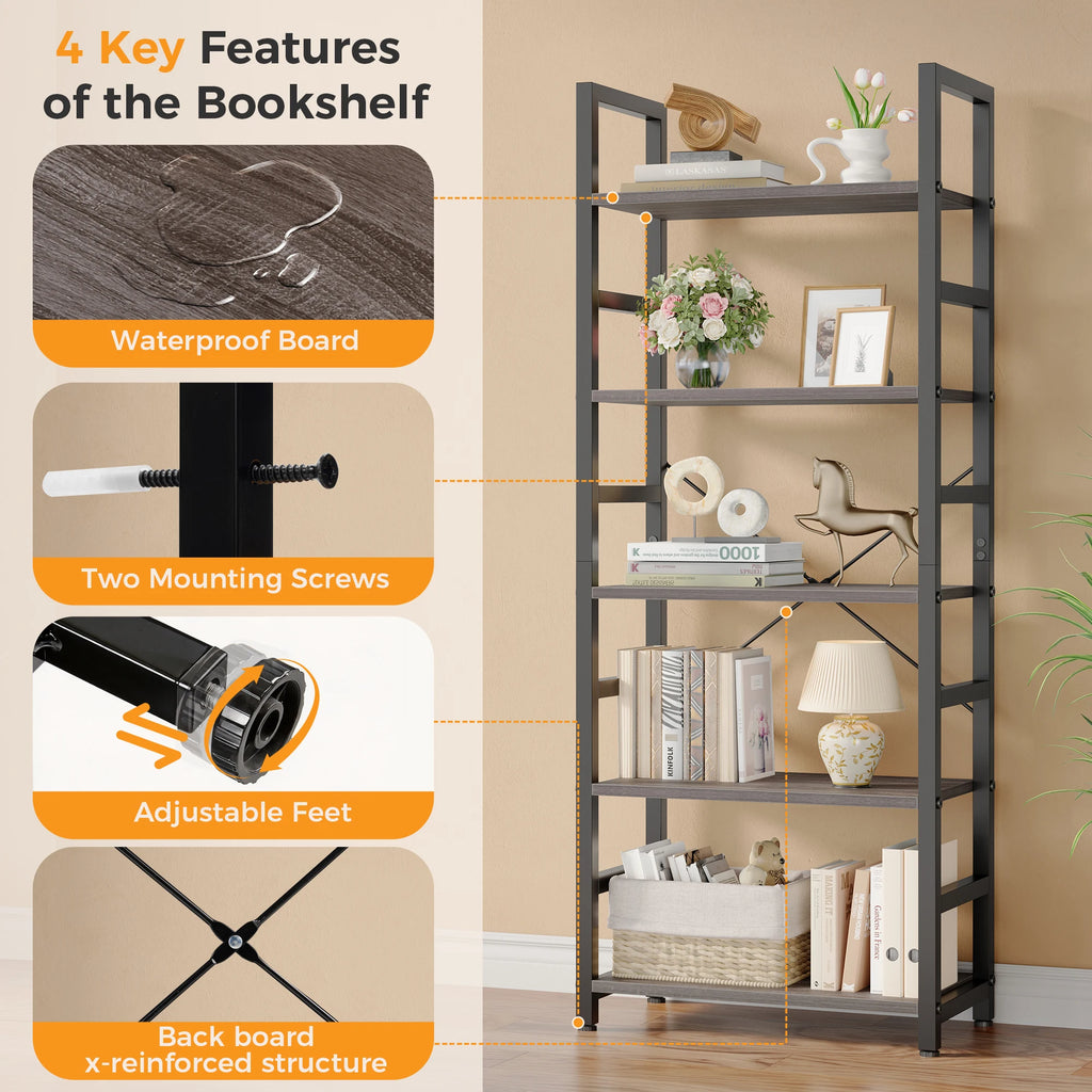 5 Tiers Wooden Storage  Display Bookshelf with Adjustable Graduated Shelves