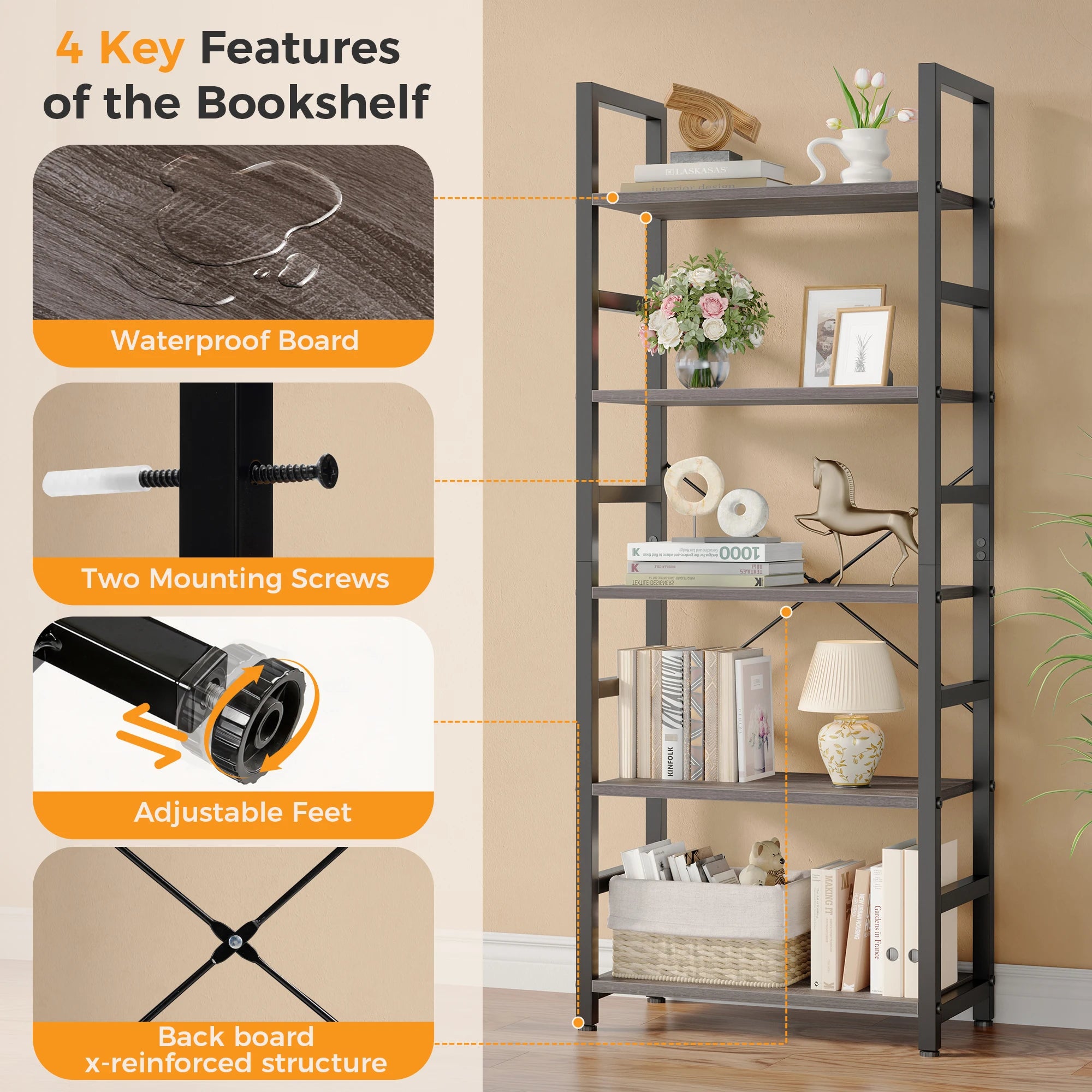 5 Tiers Wooden Storage  Display Bookshelf with Adjustable Graduated Shelves