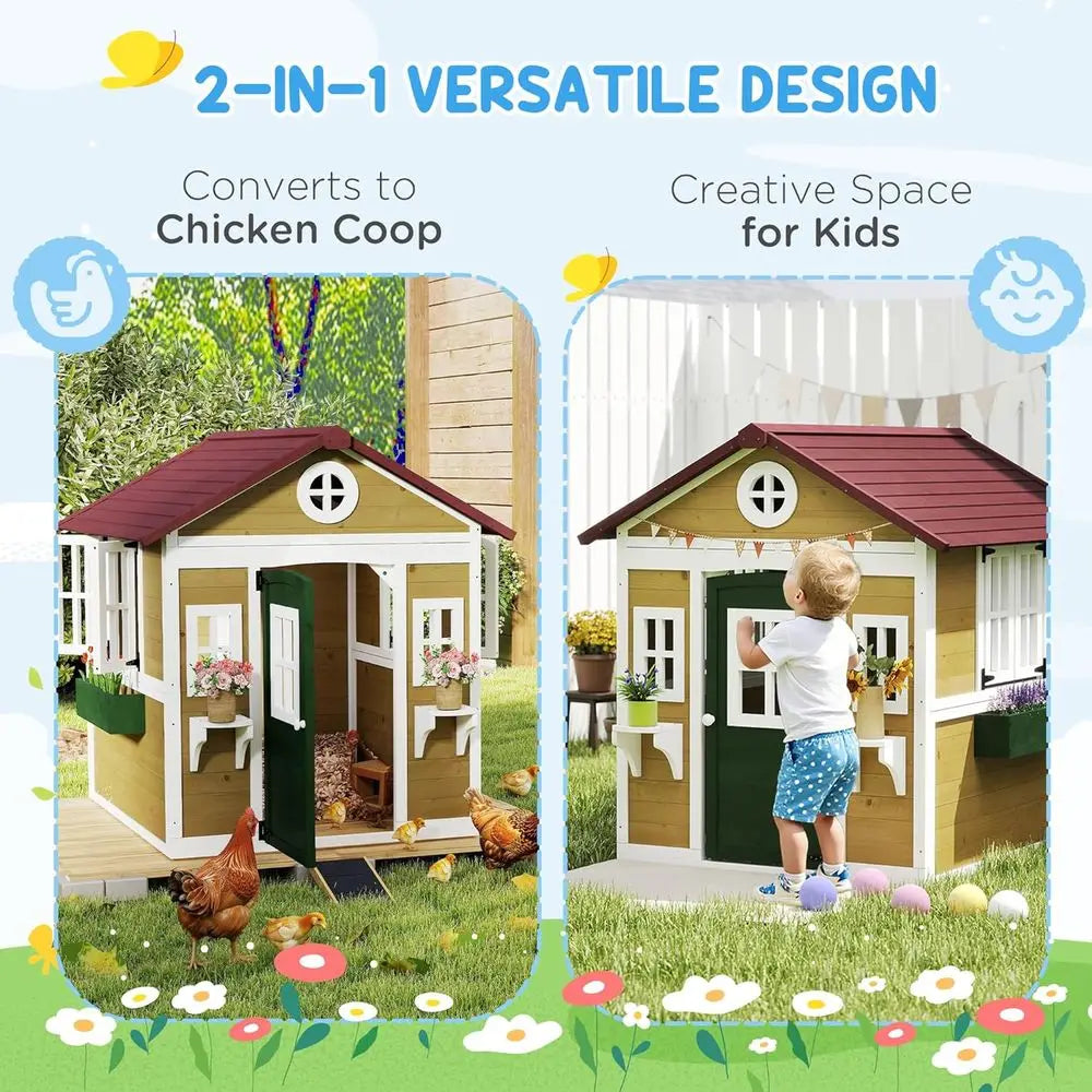 Children's Wooden Playhouse with Doors, Windows, and Planters,