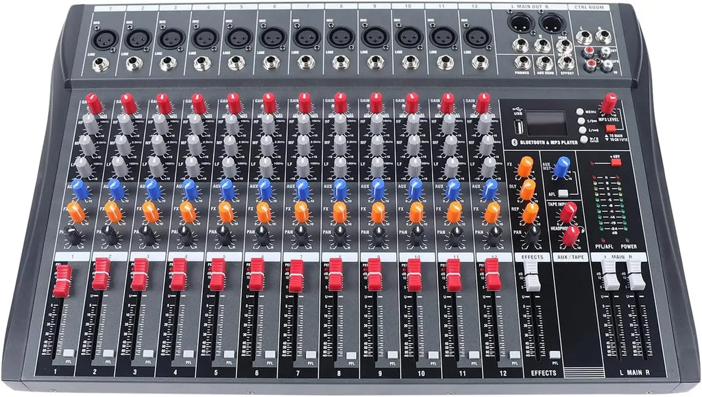 12-channel  DJ audio mixer with  USB  Bluetooth input, 48V, Phantom Power, for recording and podcasting