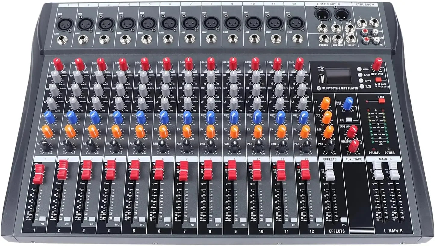 12-channel  DJ audio mixer with  USB  Bluetooth input, 48V, Phantom Power, for recording and podcasting