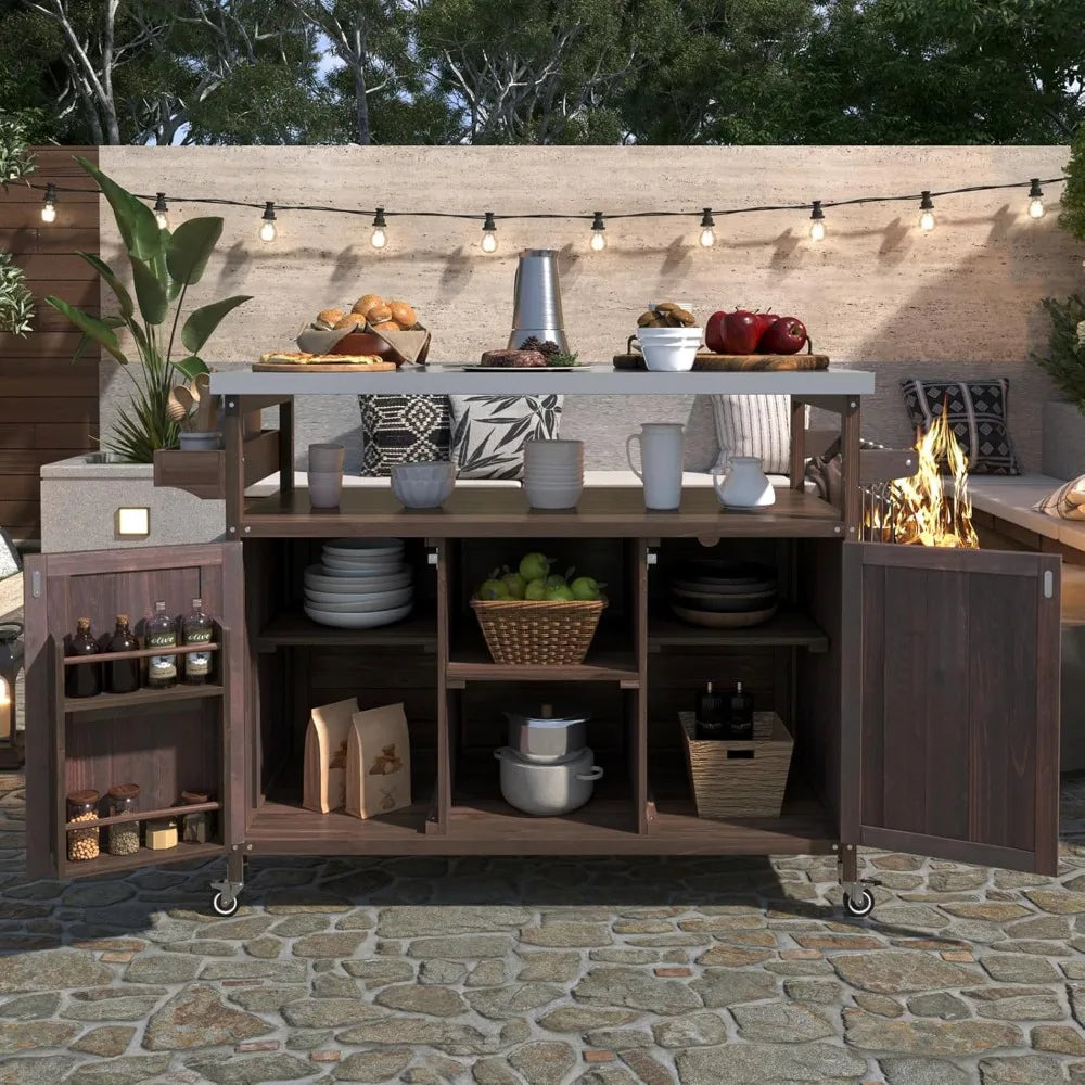 Outdoor Bar Cart with Storage, Portable Rolling Kitchen Island, Stainless Steel Top for Grill  Dark Brown