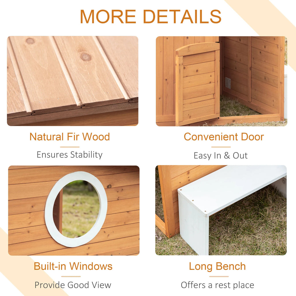 Wooden Playhouse for Kids Outdoor with Working Door, Windows, Mailbox, Bench, Flowers Pot Holder, 48" X 42.5" X 53"