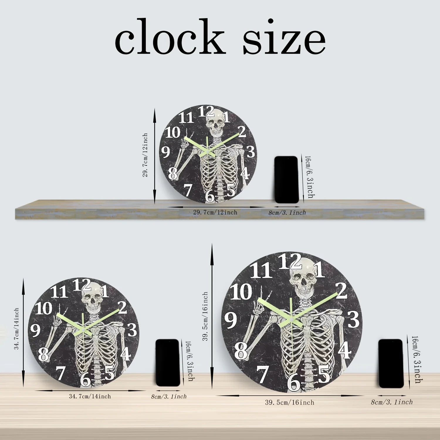 A Modern Horror Skull Luminous Wooden Wall Clock, Silent Non-ticking