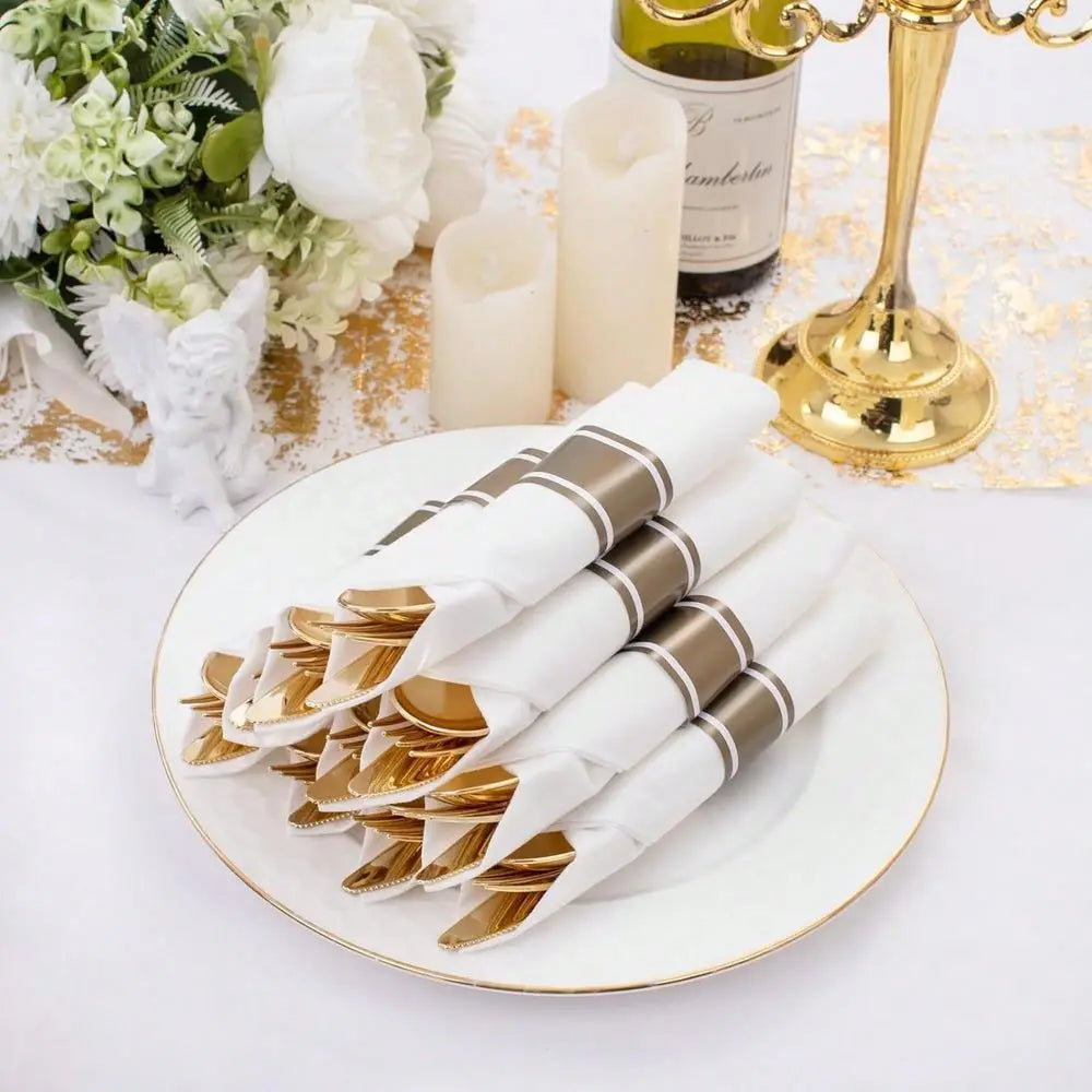 Pre Rolled Gold Plastic Cutlery Set, with Gold Napkin, Disposable
