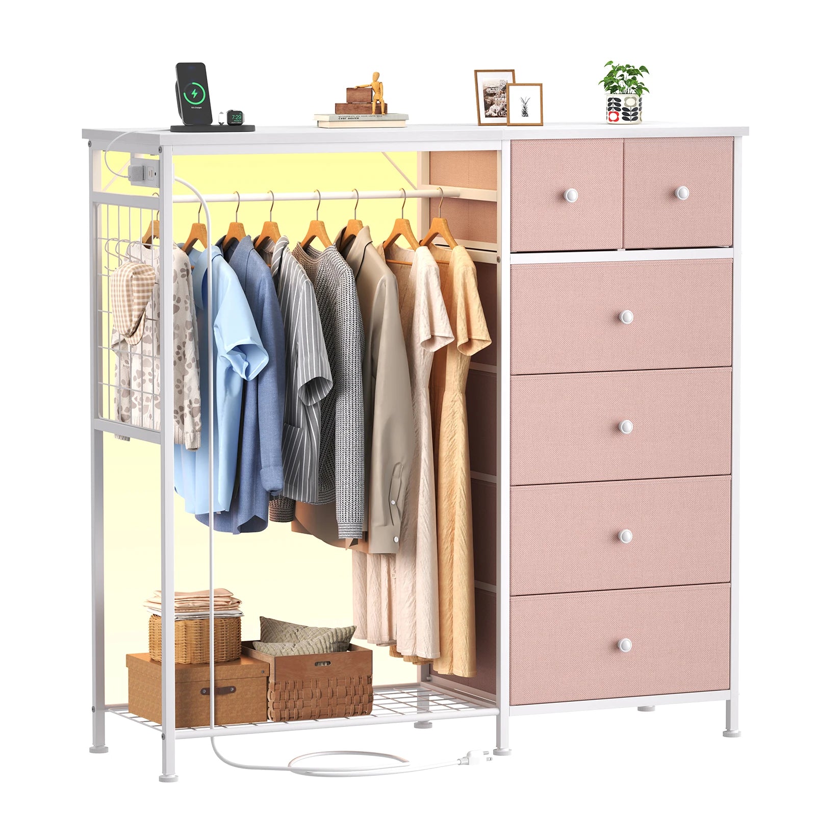 6 Drawer Fabric Dresser with Hanging Rack, Charging Station and LED Lights