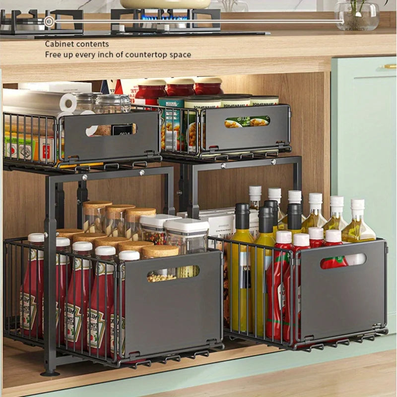 2 Tier Slide Out Cabinet Organizer , Adjustable Metal under sink storage shelf, Heavy Duty