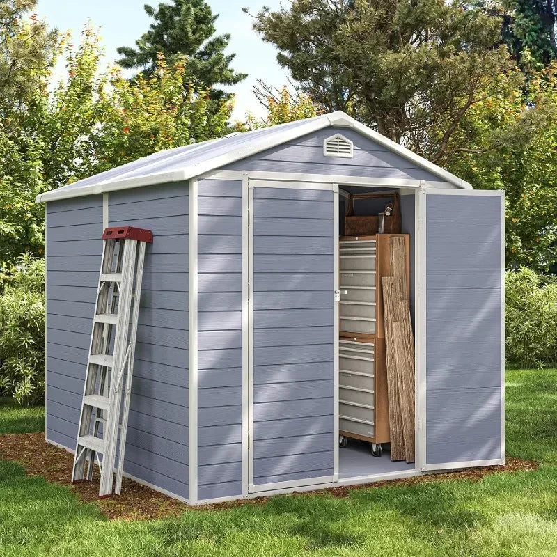 8 x 6 FT Outdoor Storage Resin Shed with Window, Floor & Lockable Doors, Waterproof Plastic Tool
