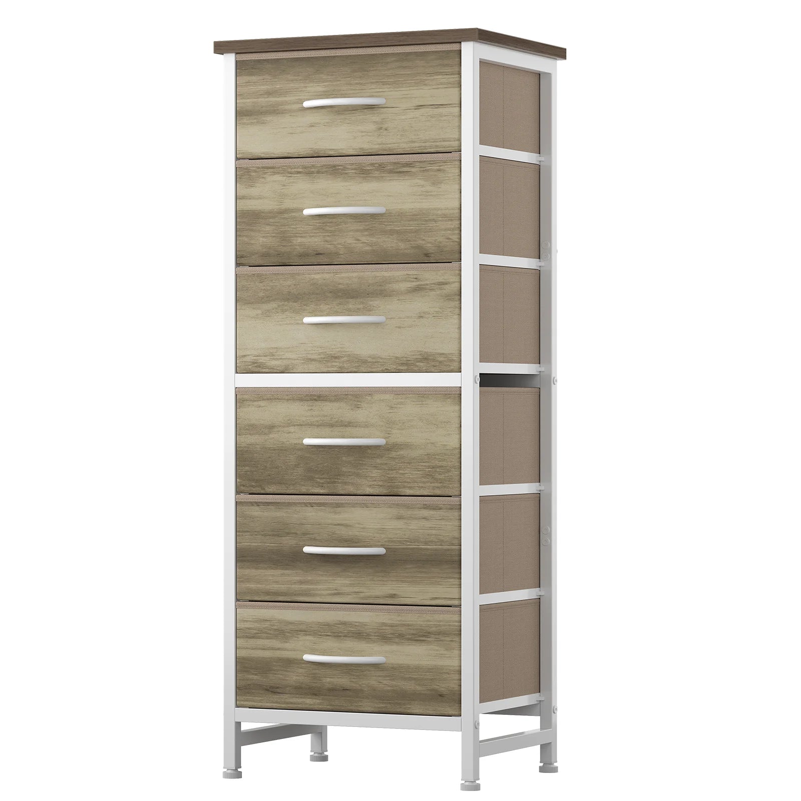 Tall 6 Fabric Drawer Dresser  for Bedroom Wood Top and Metal Frame Skinny Chest