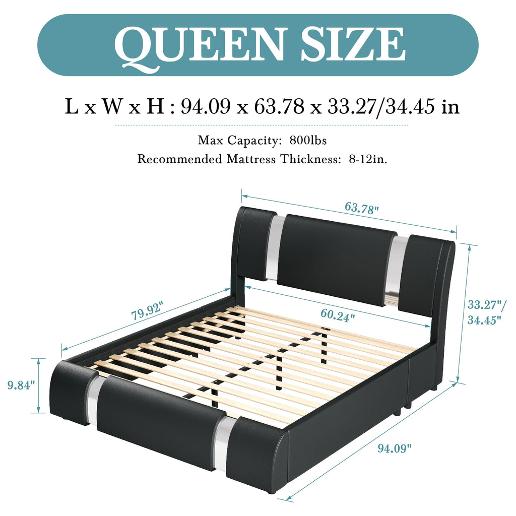 Faux Leather Bed Frame with Iron Pieces Decor, Low Platform  with Height-Adjustable Headboard