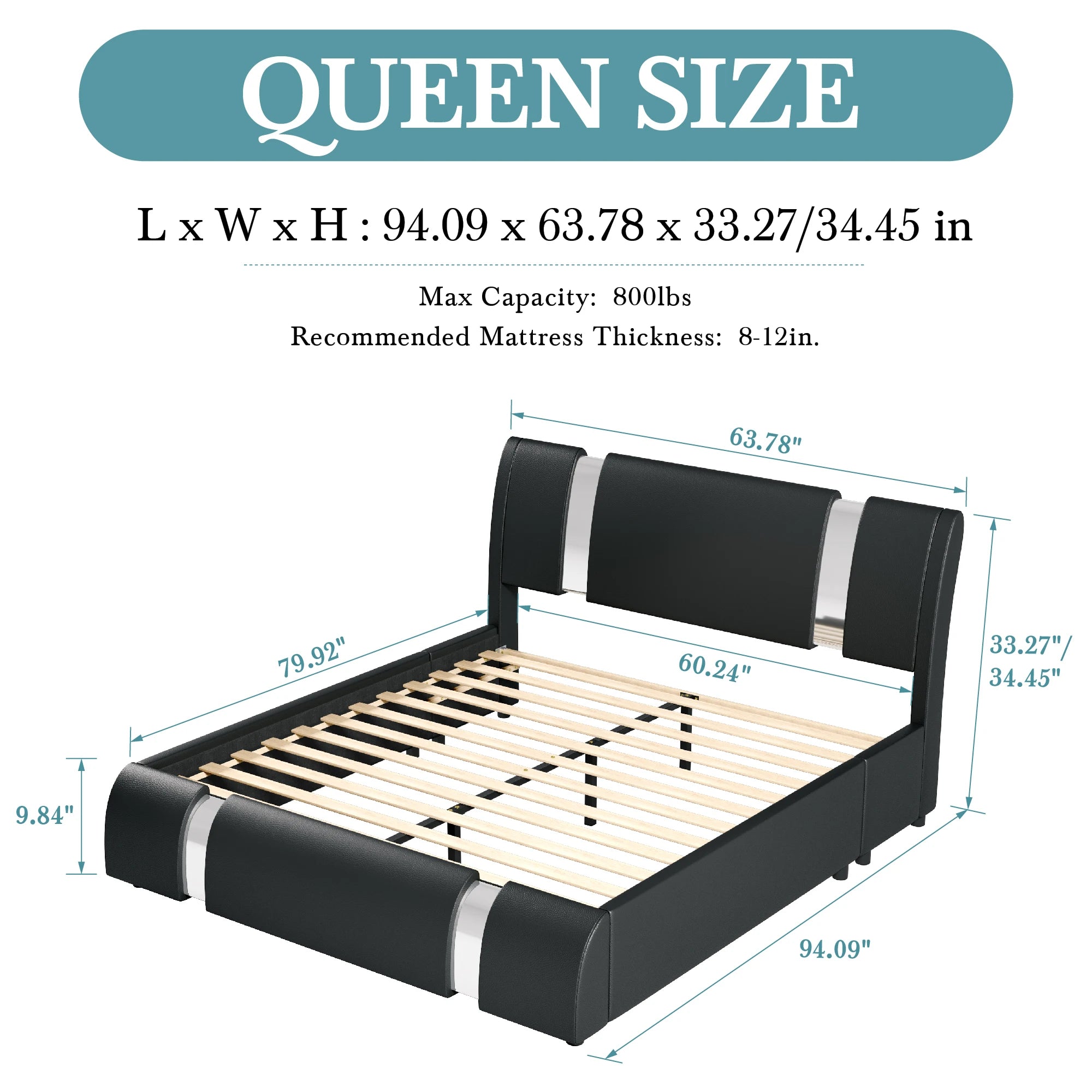 Faux Leather Bed Frame with Iron Pieces Decor, Low Platform  with Height-Adjustable Headboard