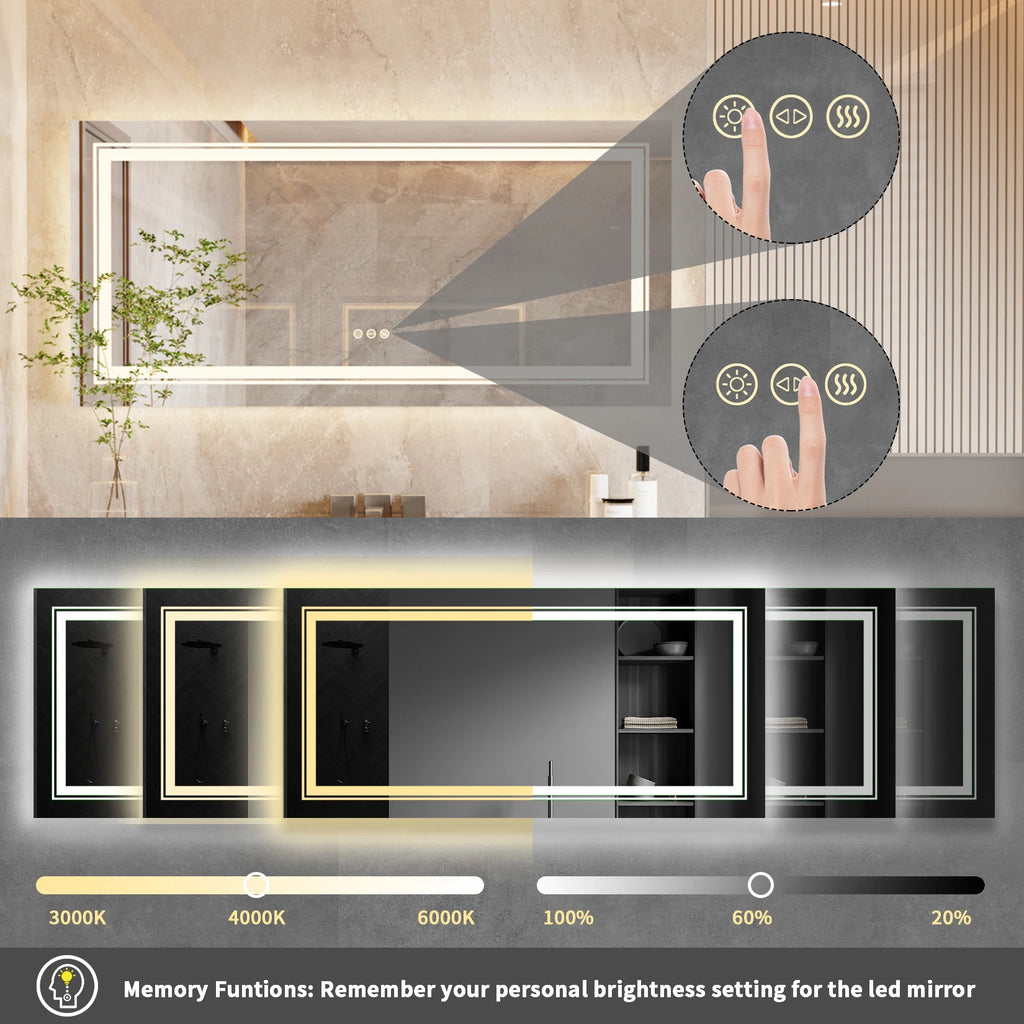 Extra Large Rectangle Bathroom Mirror LED  Dimmable Backlit Anti-Fog Memory with Front and Backlight Shatter-Proof