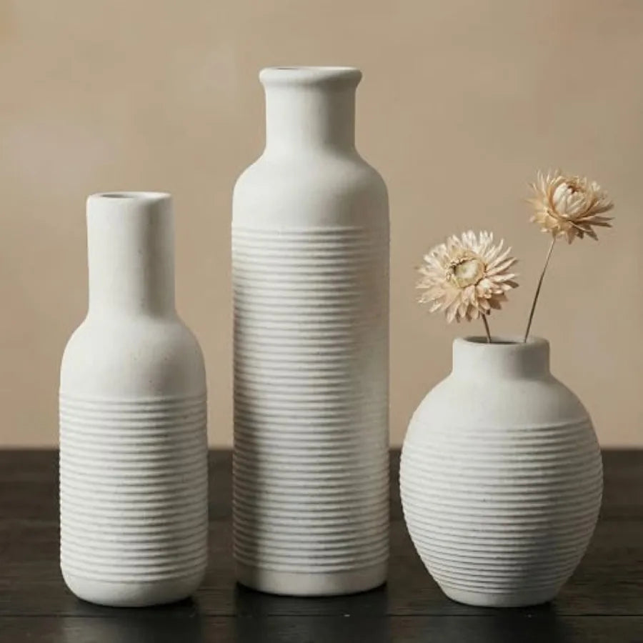 Rustic Farmhouse Ceramic Vase Set of 3 - - Pampas Grass Dried Fresh Flowers -