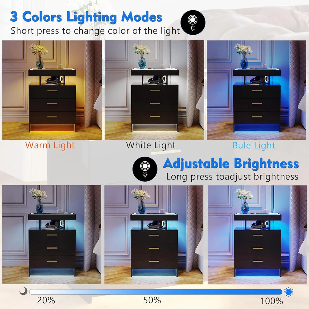 Nightstands with Wireless Charging , Auto Sensor 3 Color Dimmable LED