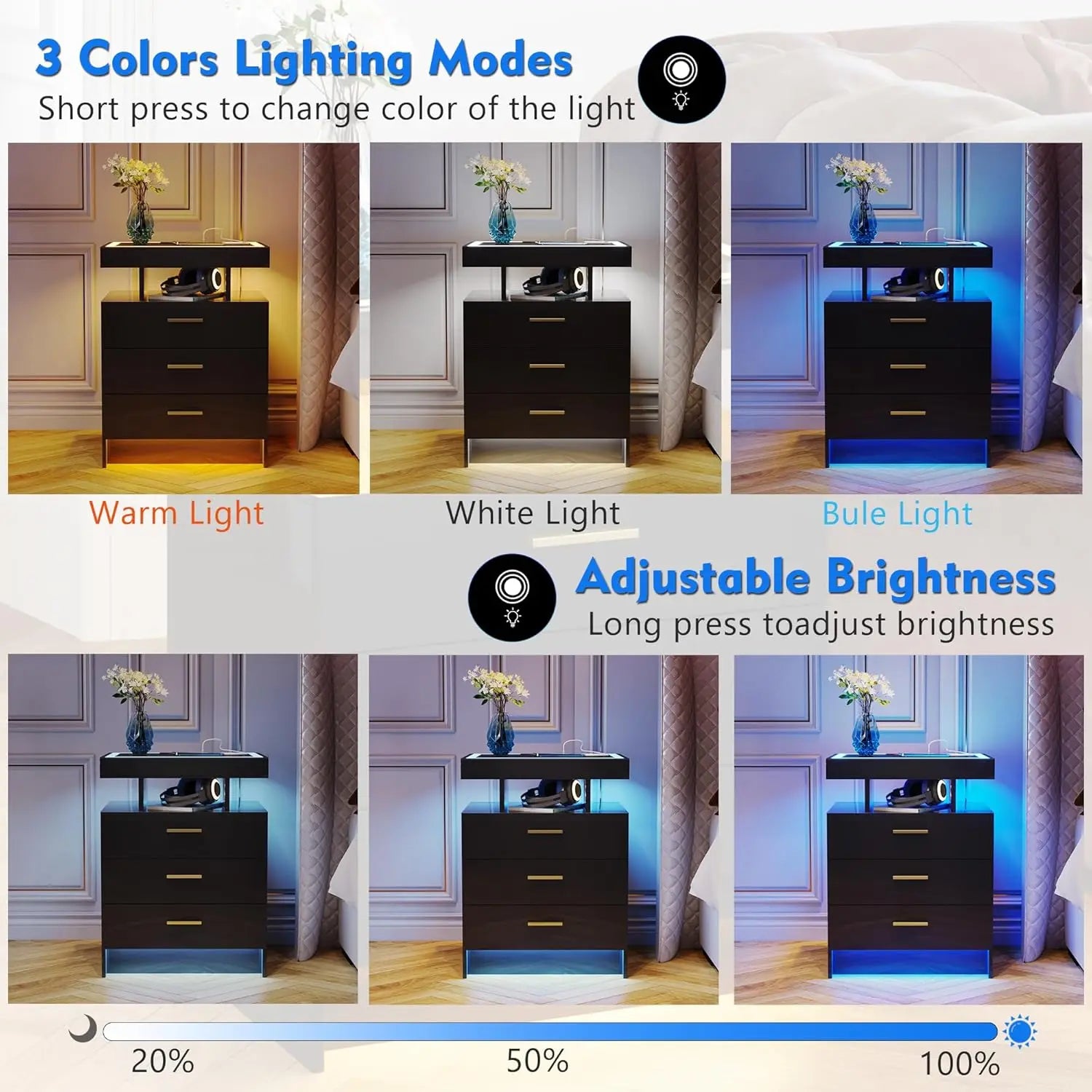 Nightstands with Wireless Charging , Auto Sensor 3 Color Dimmable LED