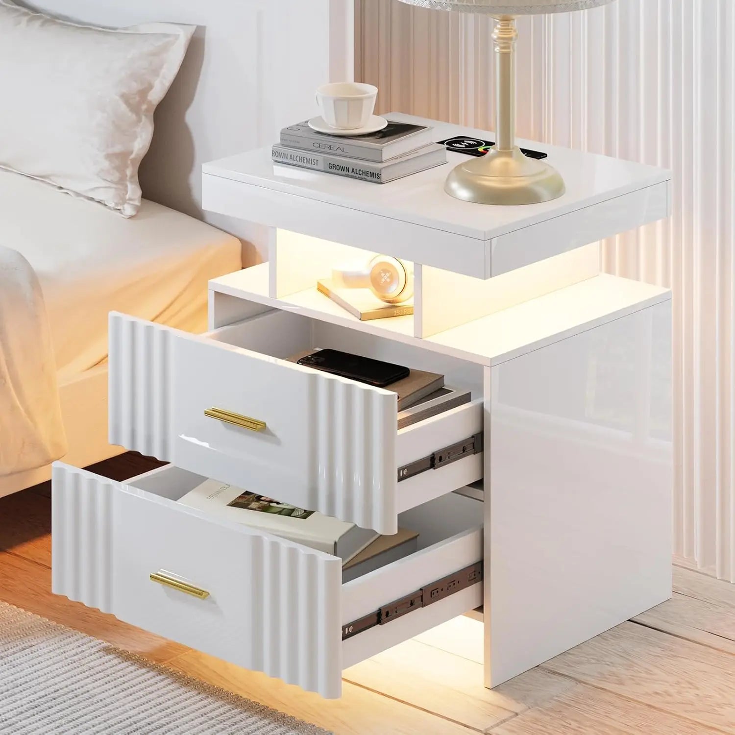 Black Night Stand Set 2  with Wireless Charging 3 Drawers Glass Top