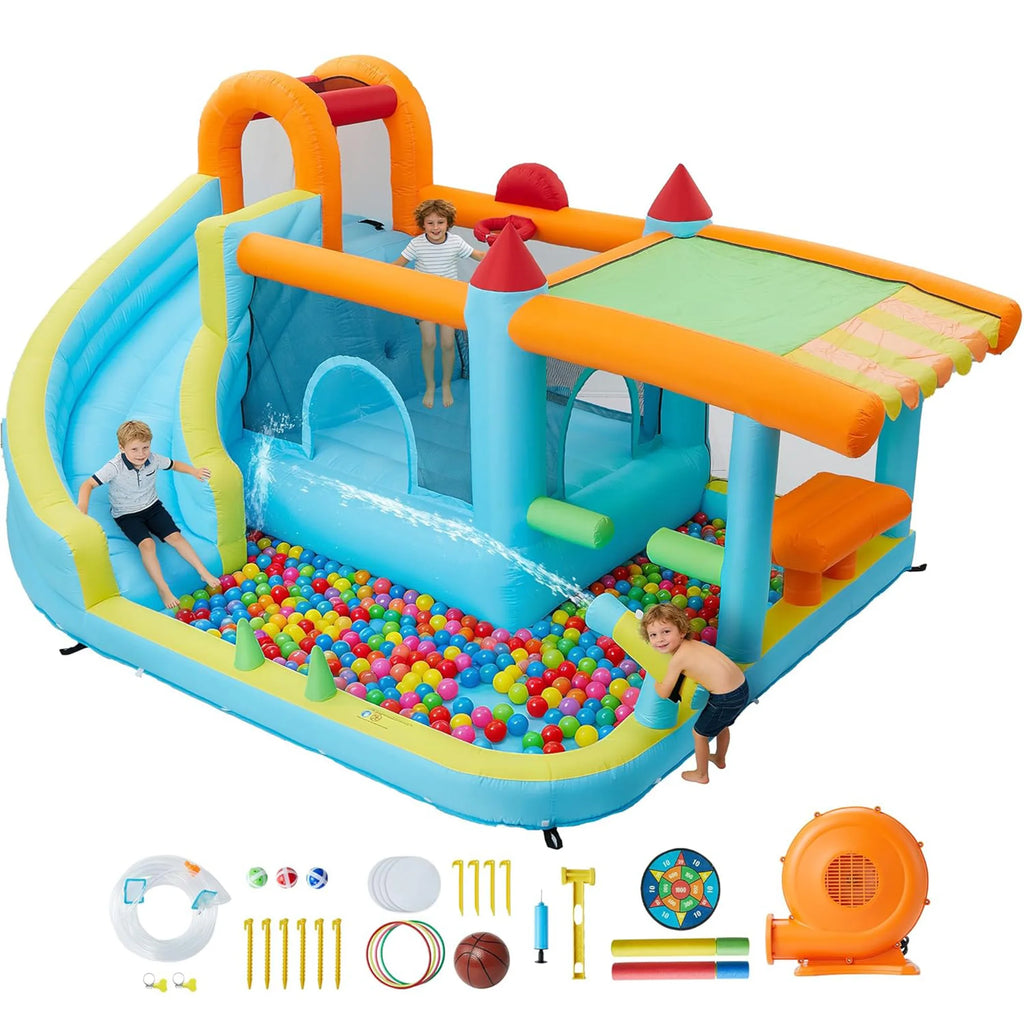 14FT Kids Bounce House With Slide & 450W Blower, 12-in-1 Inflatable Water Bouncer Party Castle Play