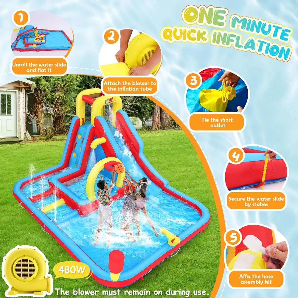 Inflatable Water Slide s, 16 in1 Backyard  with Deep Splash Pool, Unique Triple Sprinkler