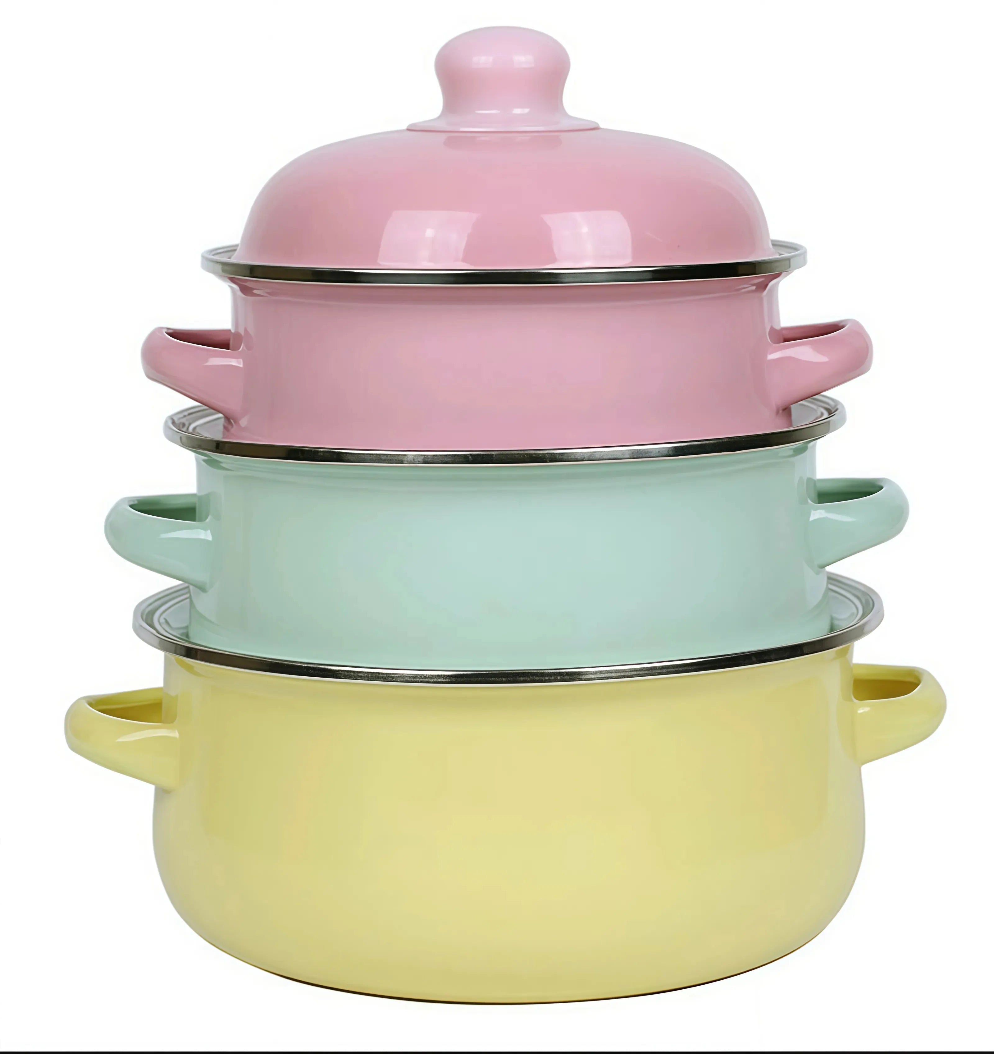 3Pcs Vintage Enamel Stock Pot Set with Lids,  Dual Handles & Flat Bottoms  for Induction & Gas Stoves