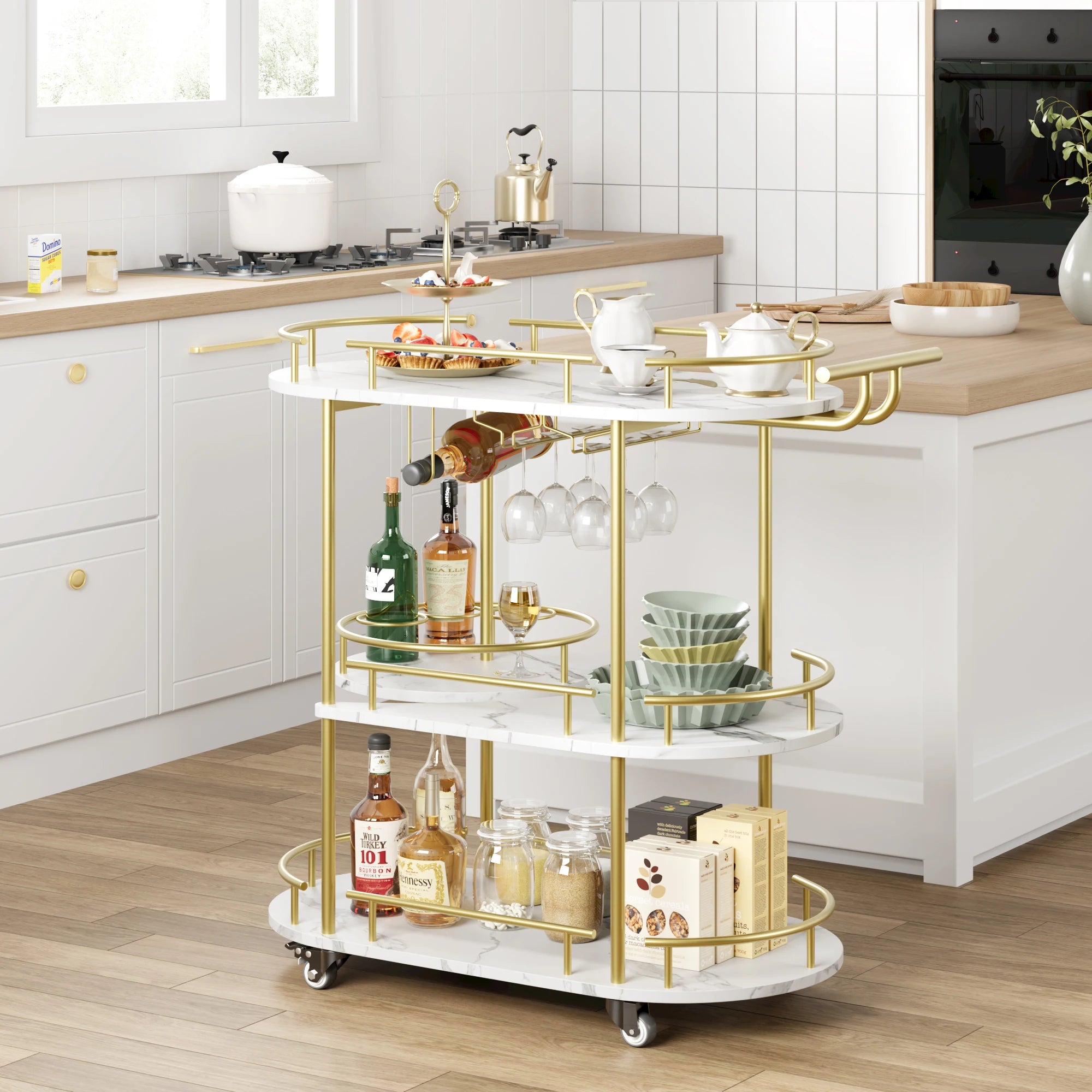 Gold Mobile  Bar Carts with 4-Tiers Storage Serving Shelves Cart On Wheels  and Glass Holder