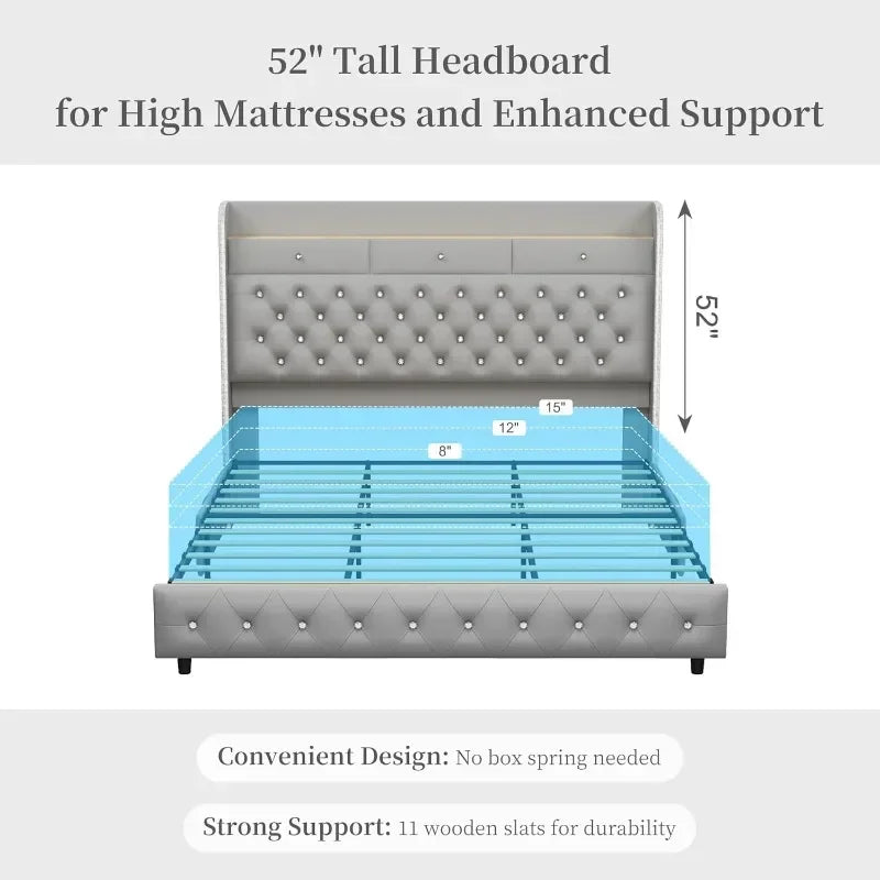 LED Bed Frame w/ Galaxy Aurora Star Projector,  Charging Station, Platform Beds with 52" Diamond Upholstered