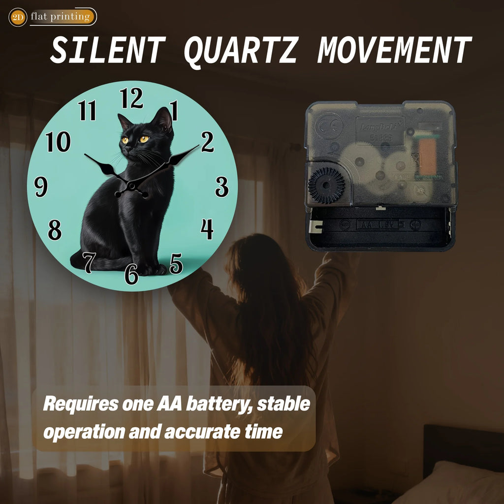 1pc Black Cat Portrait Wall Clock | Wooden Silent Clock, 2D Flat Printing,