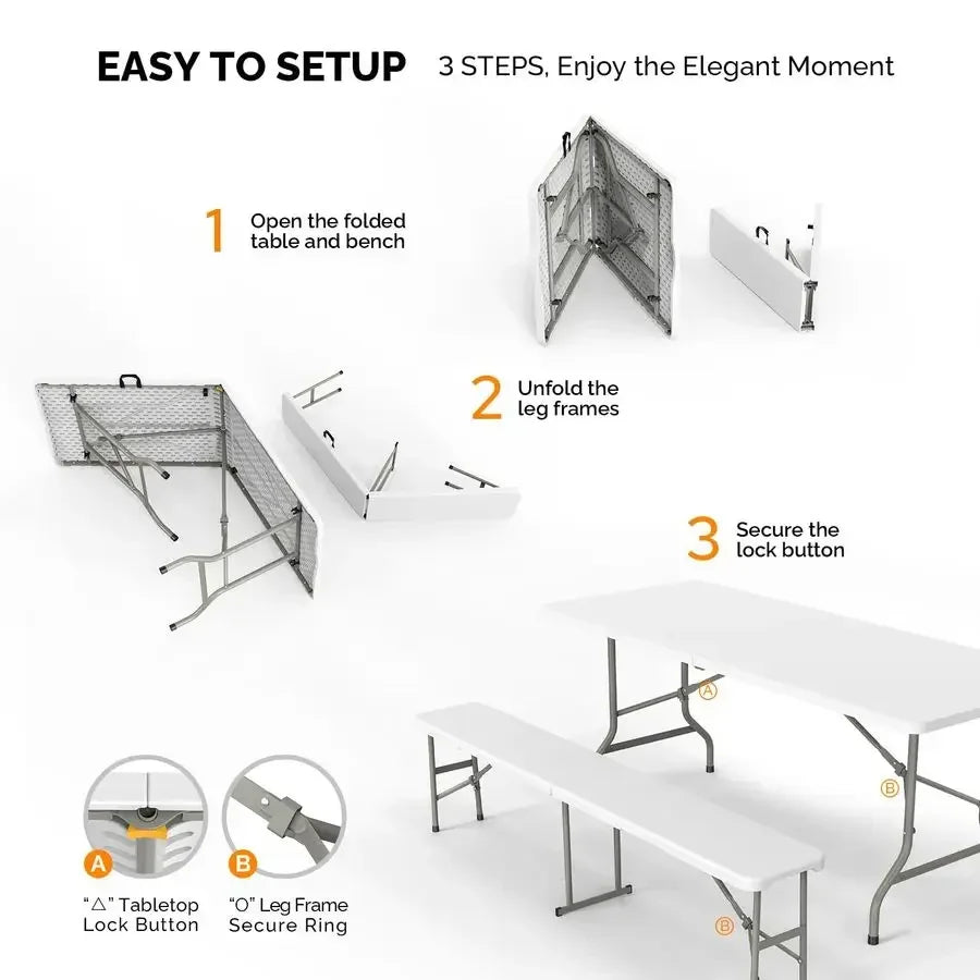 Picnic Table Set with 2 Benches, 6 Feet 3 Piece Set Folding