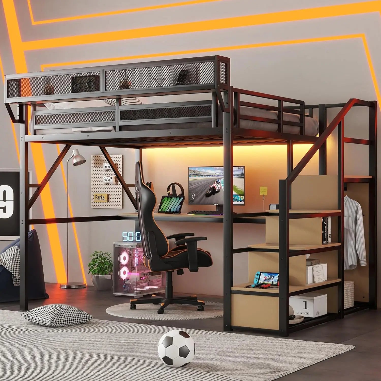 Queen  Metal Loft Bed with Stairs,  Storage, Wardrobe,& Bedside Shelf