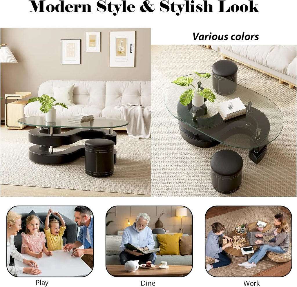 Modern oval glass coffee table set with 2 stools & tempered glass top
