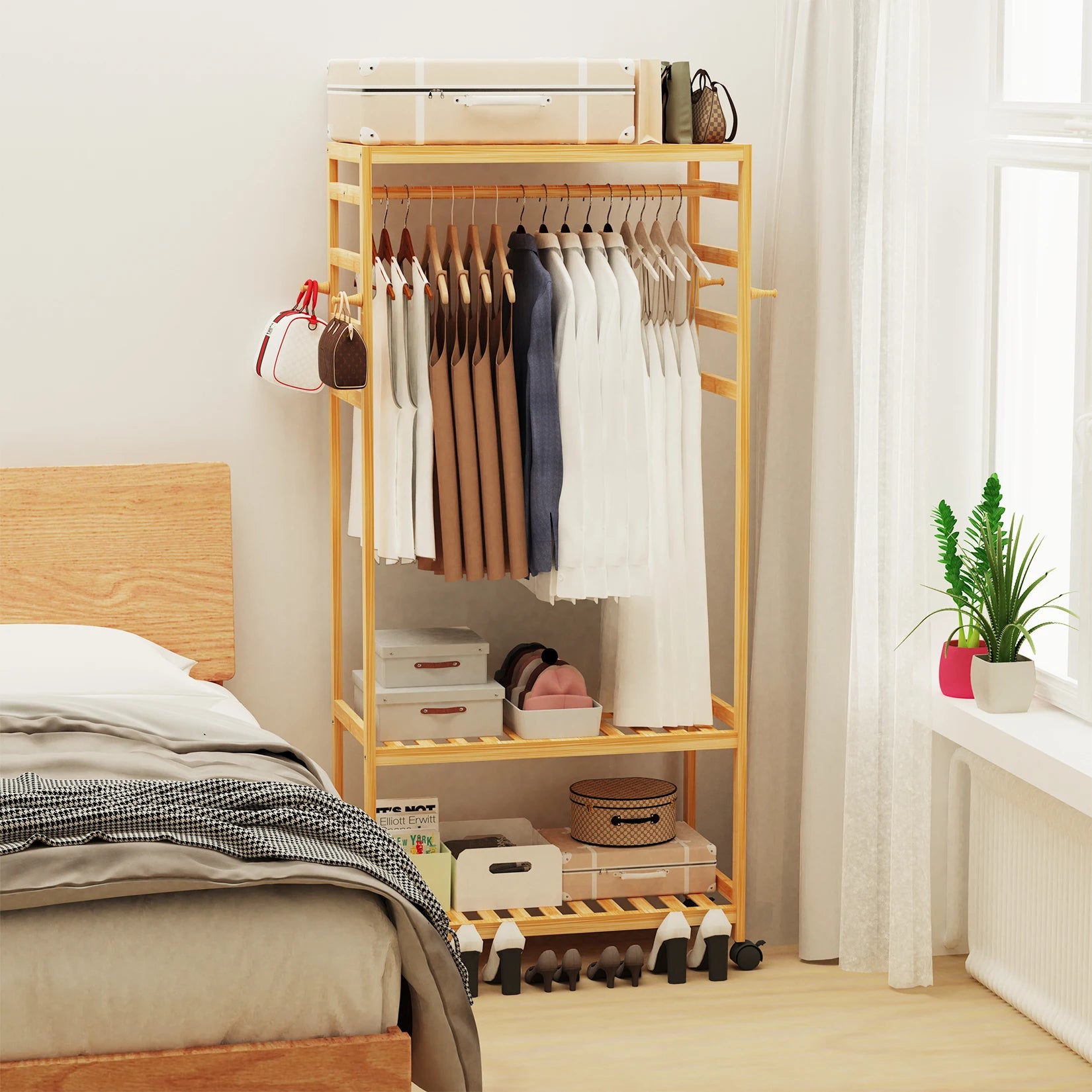 Heavy Duty Wooden Clothes Rail Rack Hanging Stand Side Hooks