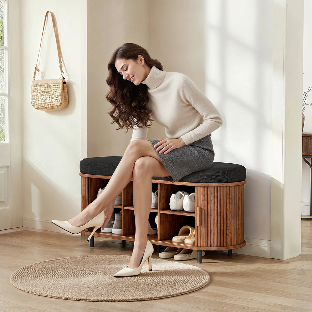 43.3" Shoe Storage Bench with 3 Tier Rack,  Cushion and Sliding Door Removable