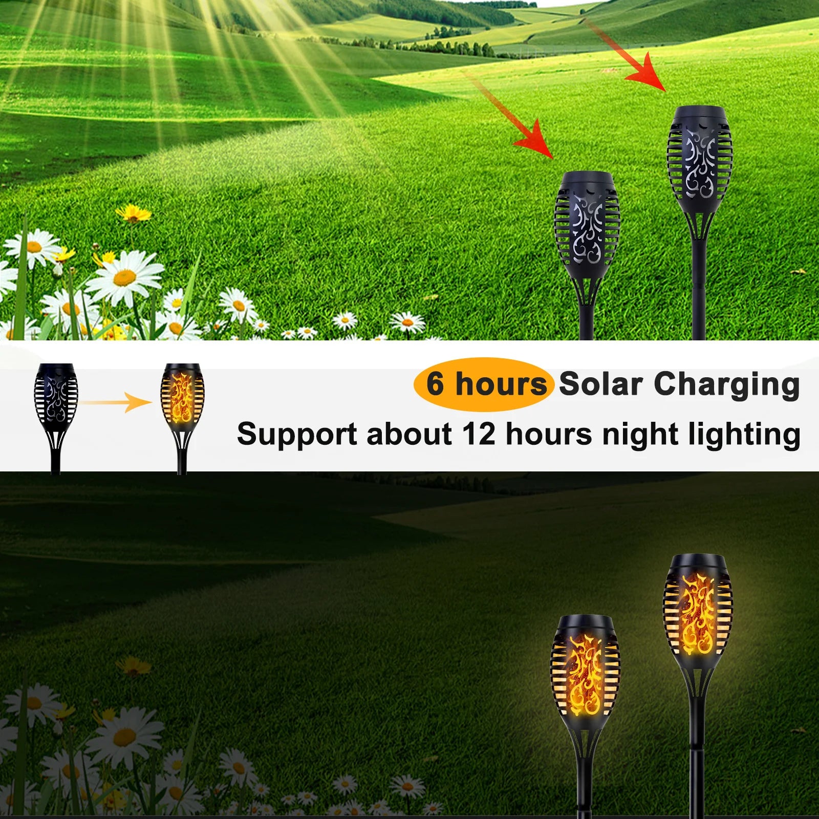4/6/8/12Pcs Solar LED Flame Torch Light Flickering  Powered For Lawn, Path, Yard & Patio
