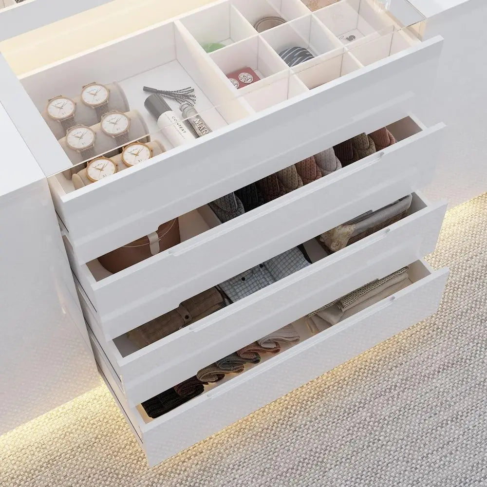 Bedroom Island Wardrobe Closet Dresser with 16 Drawers  Glass Tabletop,  with Jewelry Organizer,