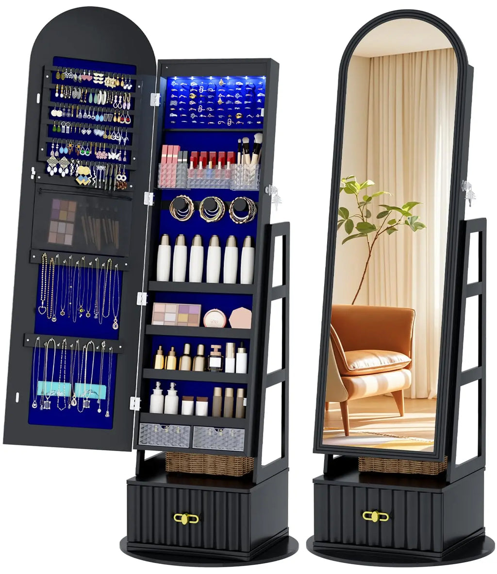 LED Full Length Standing Mirror Jewelry Cabinet with Lights, Lockable with Storage,
