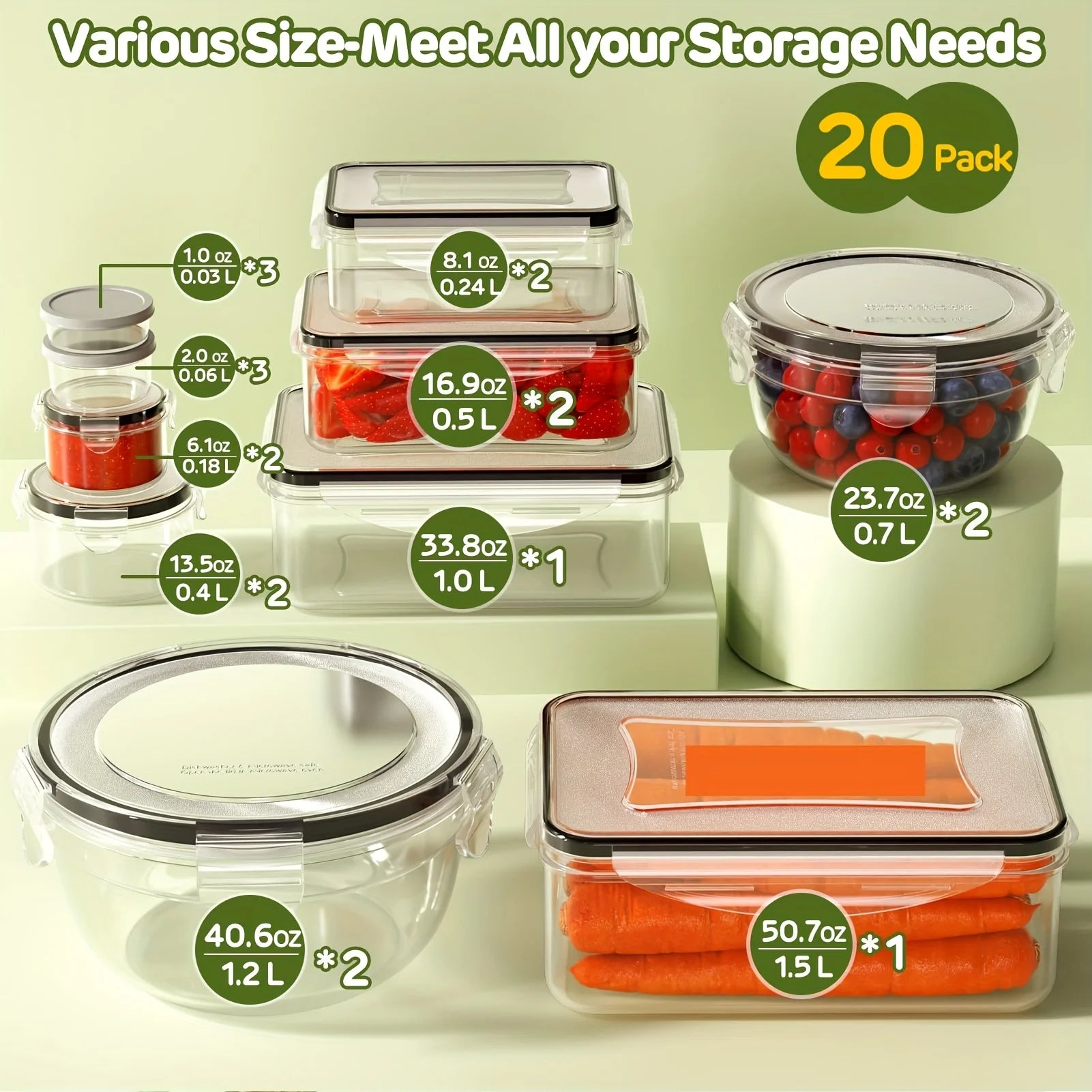 40pcs Food Storage Containers with Lids Airtight (20 Lids &20 Containers) - Leakproof