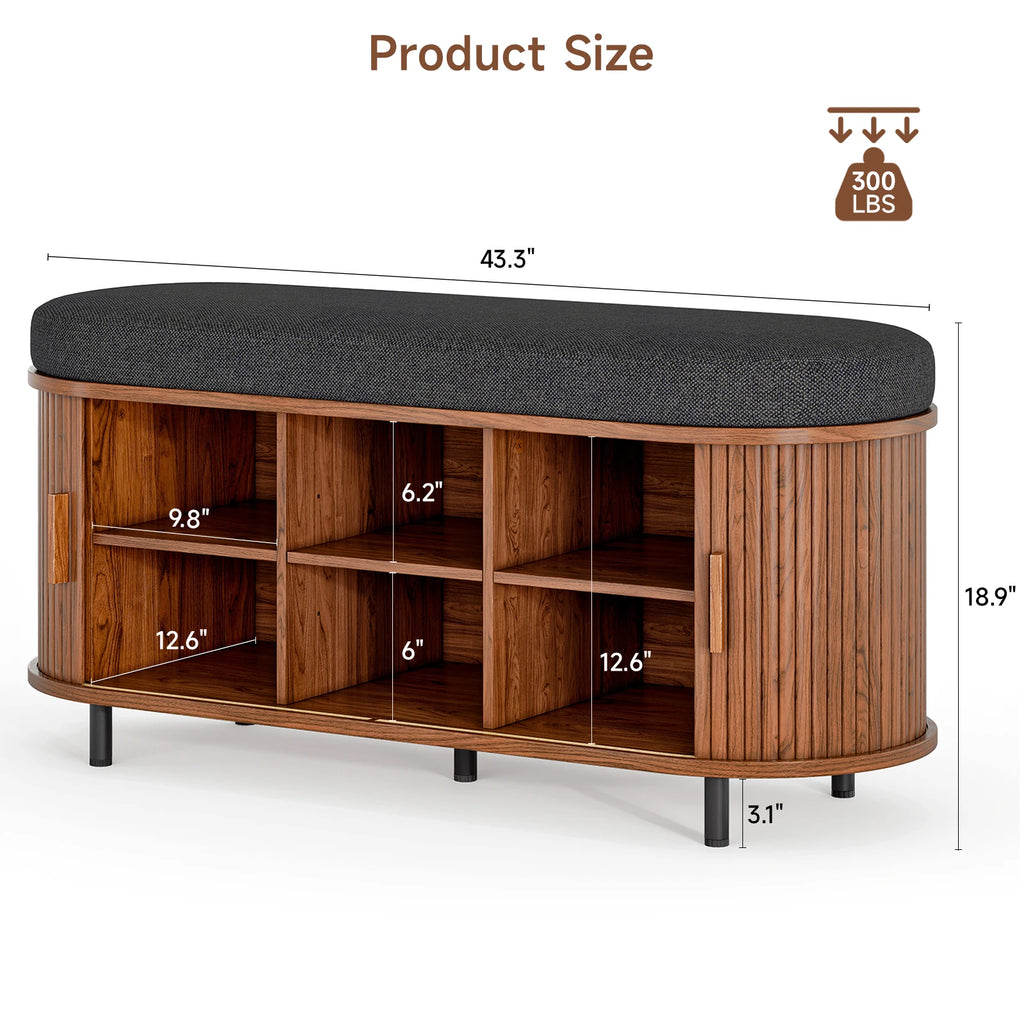 43.3" Shoe Storage Bench with 3 Tier Rack,  Cushion and Sliding Door Removable