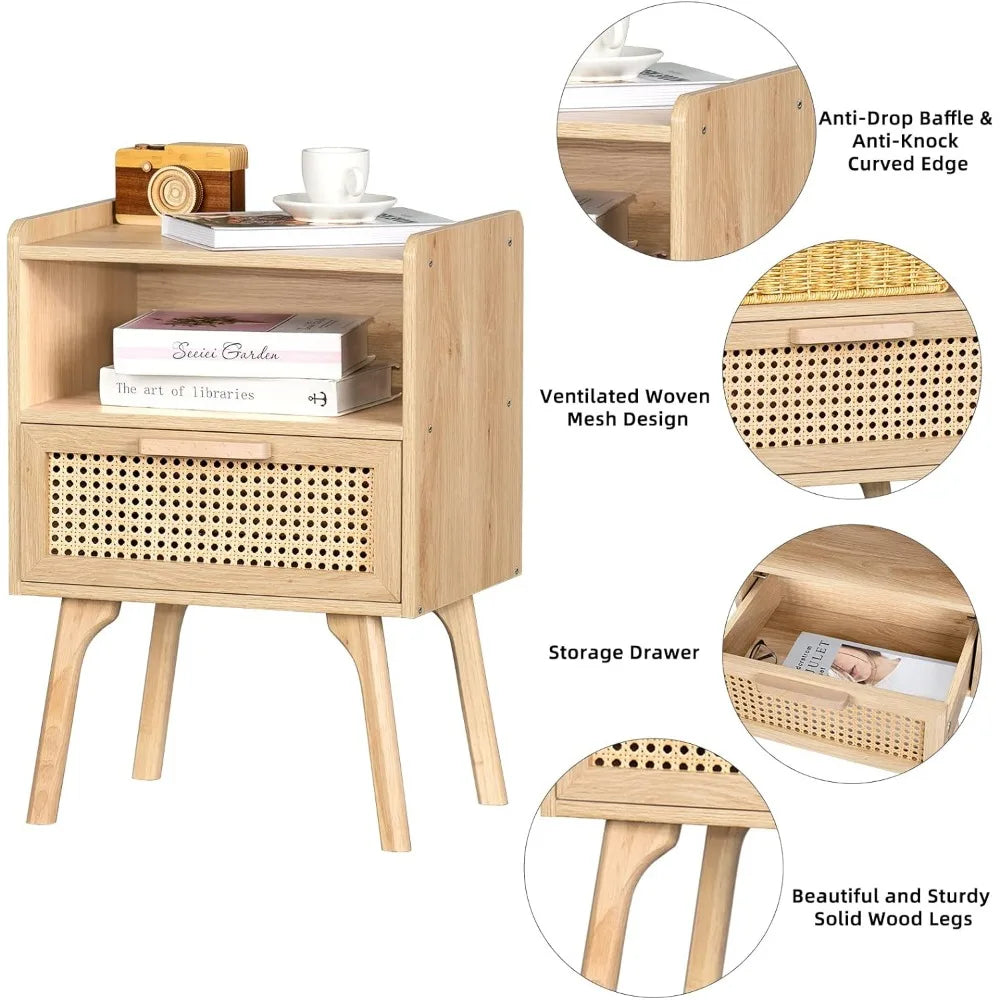 Wooden  Nightstand with Drawer and Open Shelf Solid Wood Legs Ideal  for Bedroom Dorm Small Space
