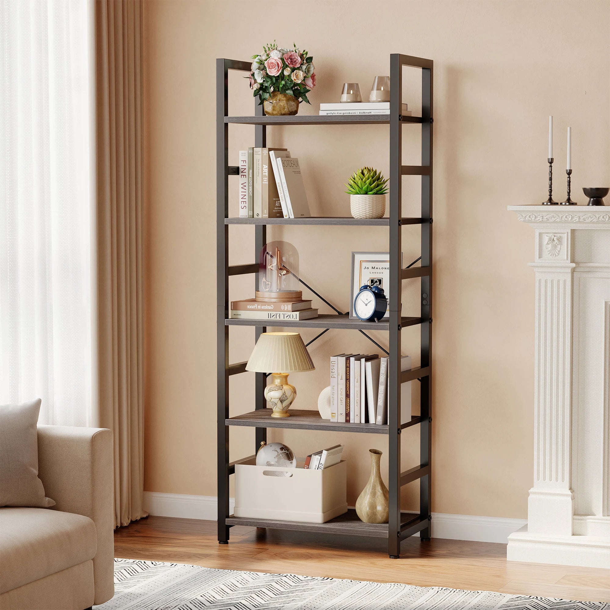 5 Tiers Wooden Storage  Display Bookshelf with Adjustable Graduated Shelves